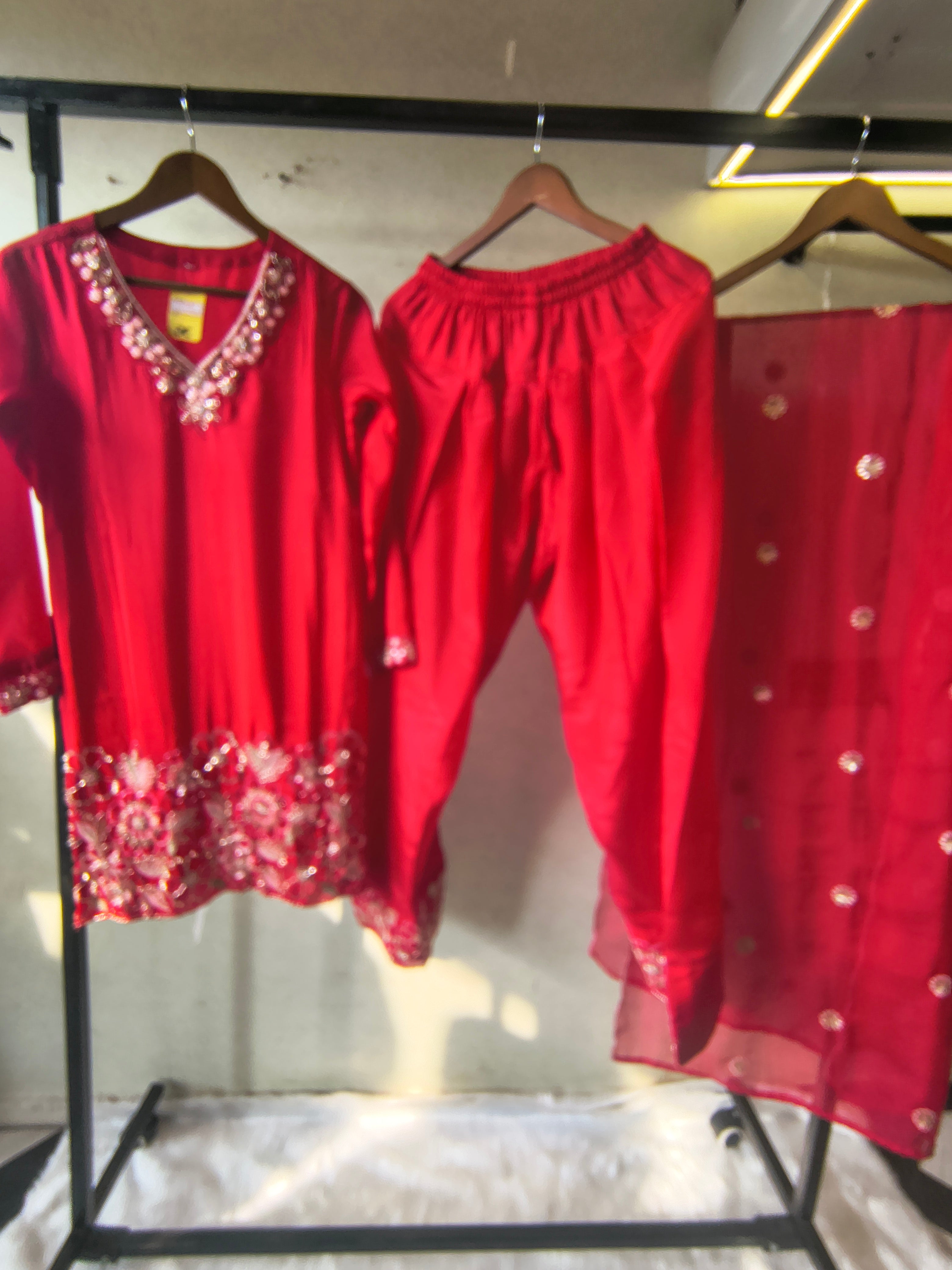 Image of Ruby Red Embroidered Straight Kurta Set with Floral Thread Work, Designer Neckline & Embellished Dupatta – Premium 3 Piece Ethnic Ensemble