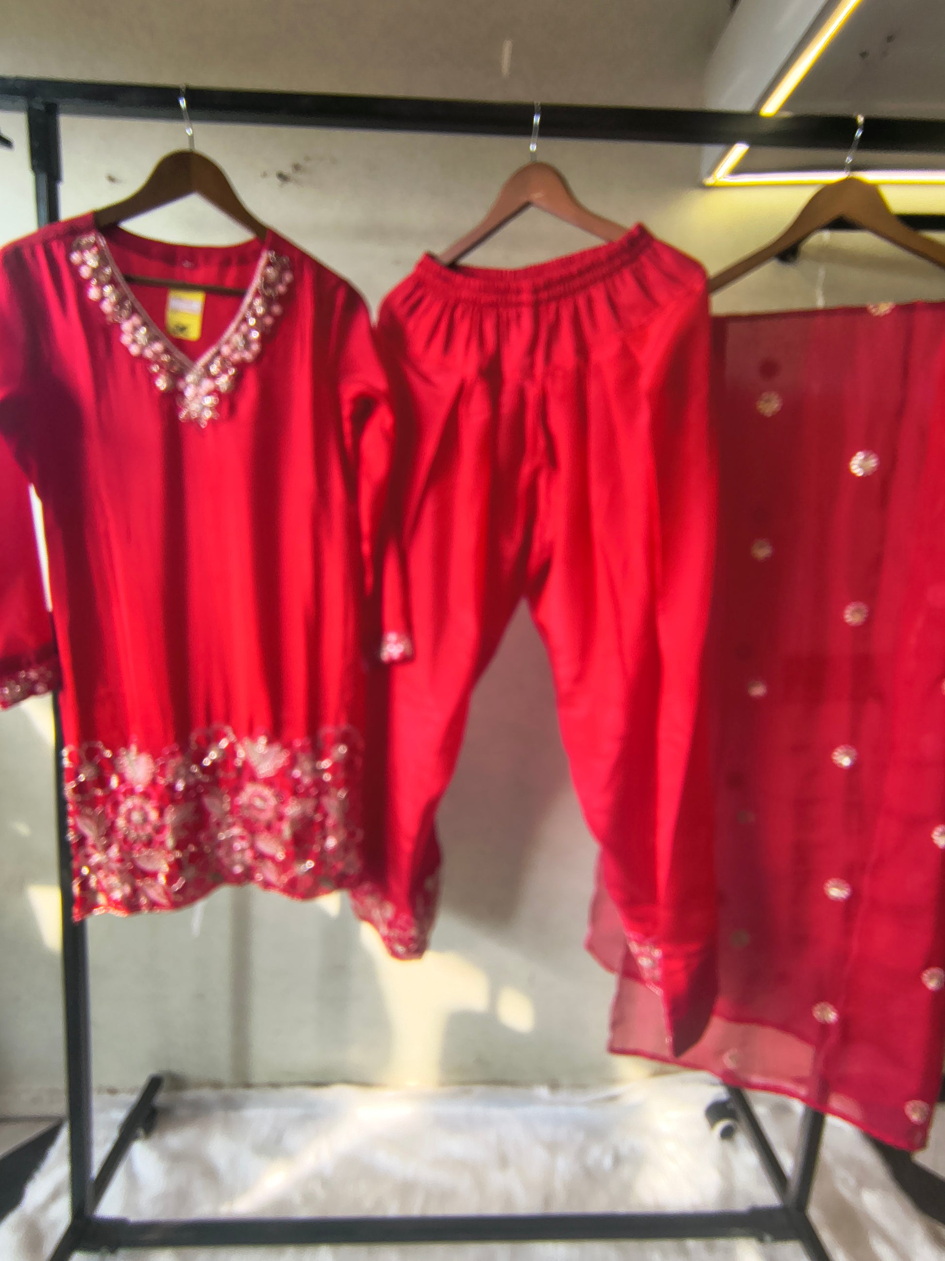 Ruby Red Embroidered Straight Kurta Set with Floral Thread Work, Designer Neckline & Embellished Dupatta – Premium 3 Piece Ethnic Ensemble
