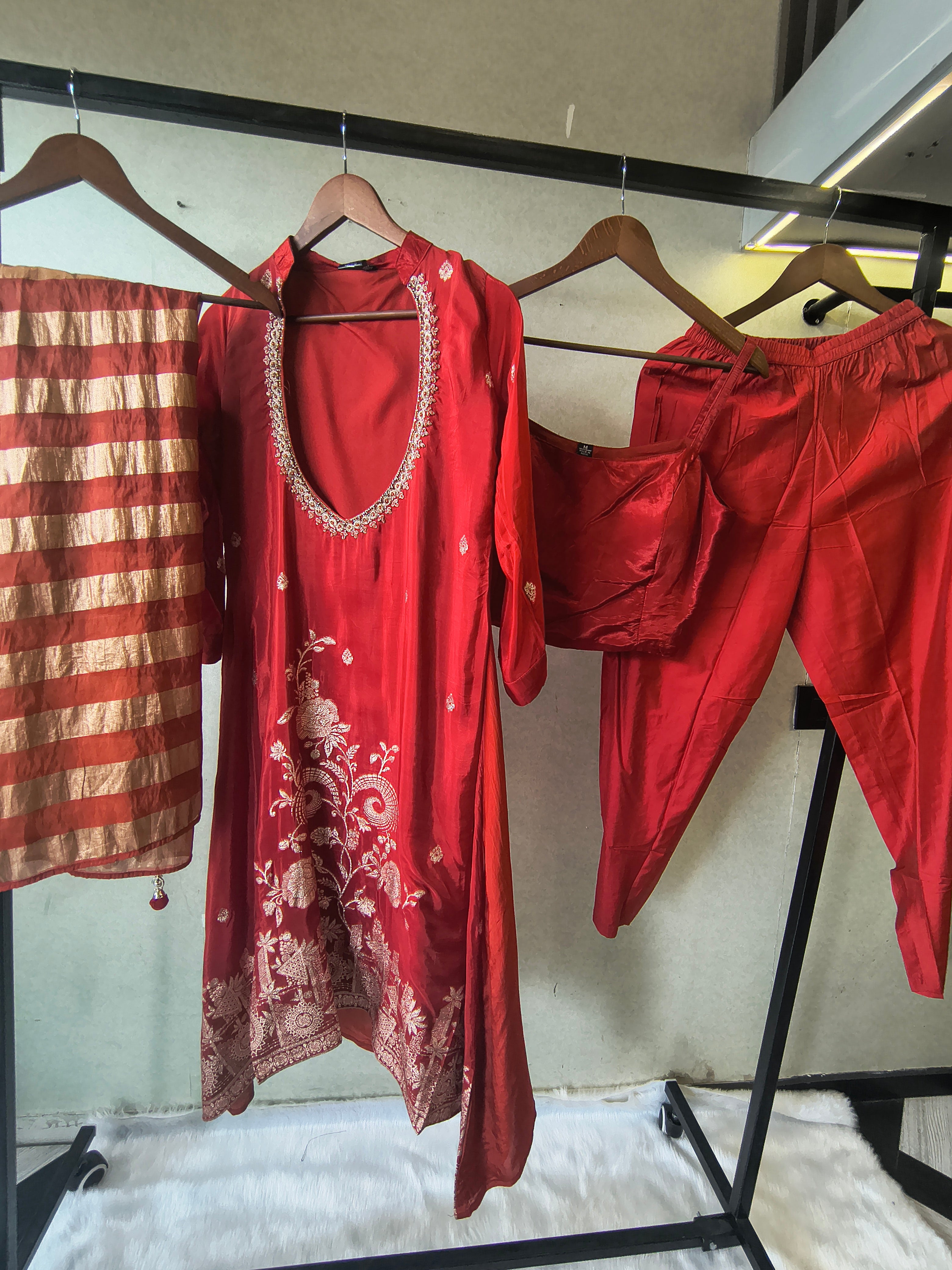 Image of Ruby Red Embroidered Asymmetrical Kurta with Inner, Cigarette Pants & Striped Dupatta – 4 Piece Designer Indo-Western Set