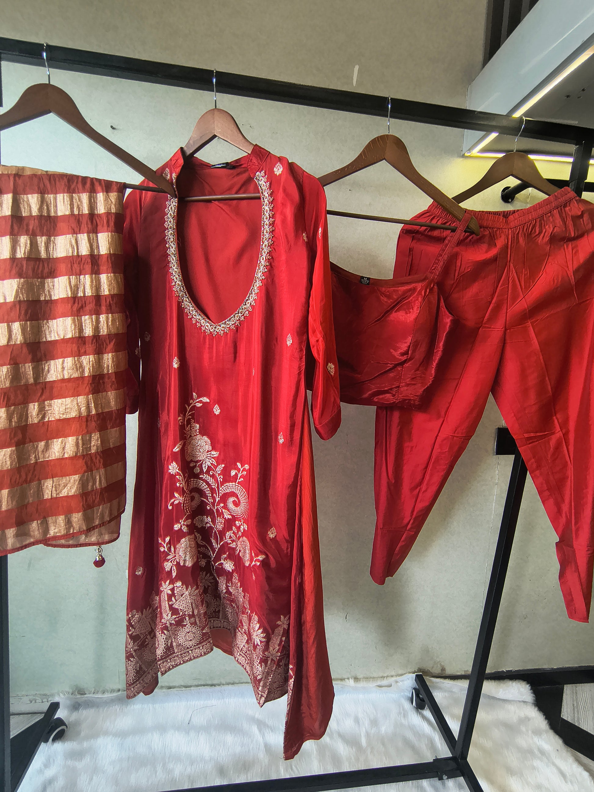 Ruby Red Embroidered Asymmetrical Kurta with Inner, Cigarette Pants & Striped Dupatta – 4 Piece Designer Indo-Western Set