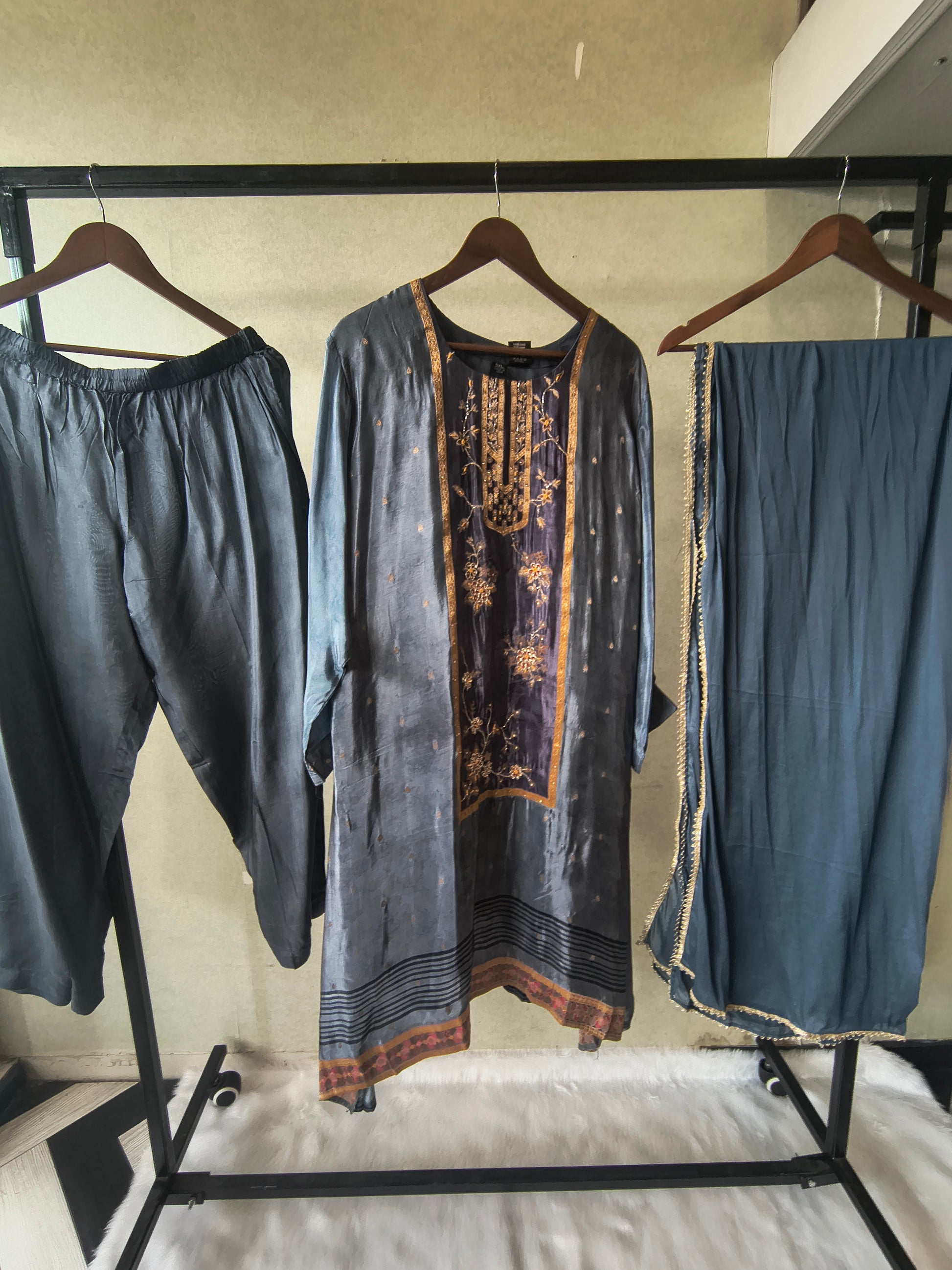 Steel Blue Designer Silk Blend Embroidered Kurta Set with Pants & Dupatta