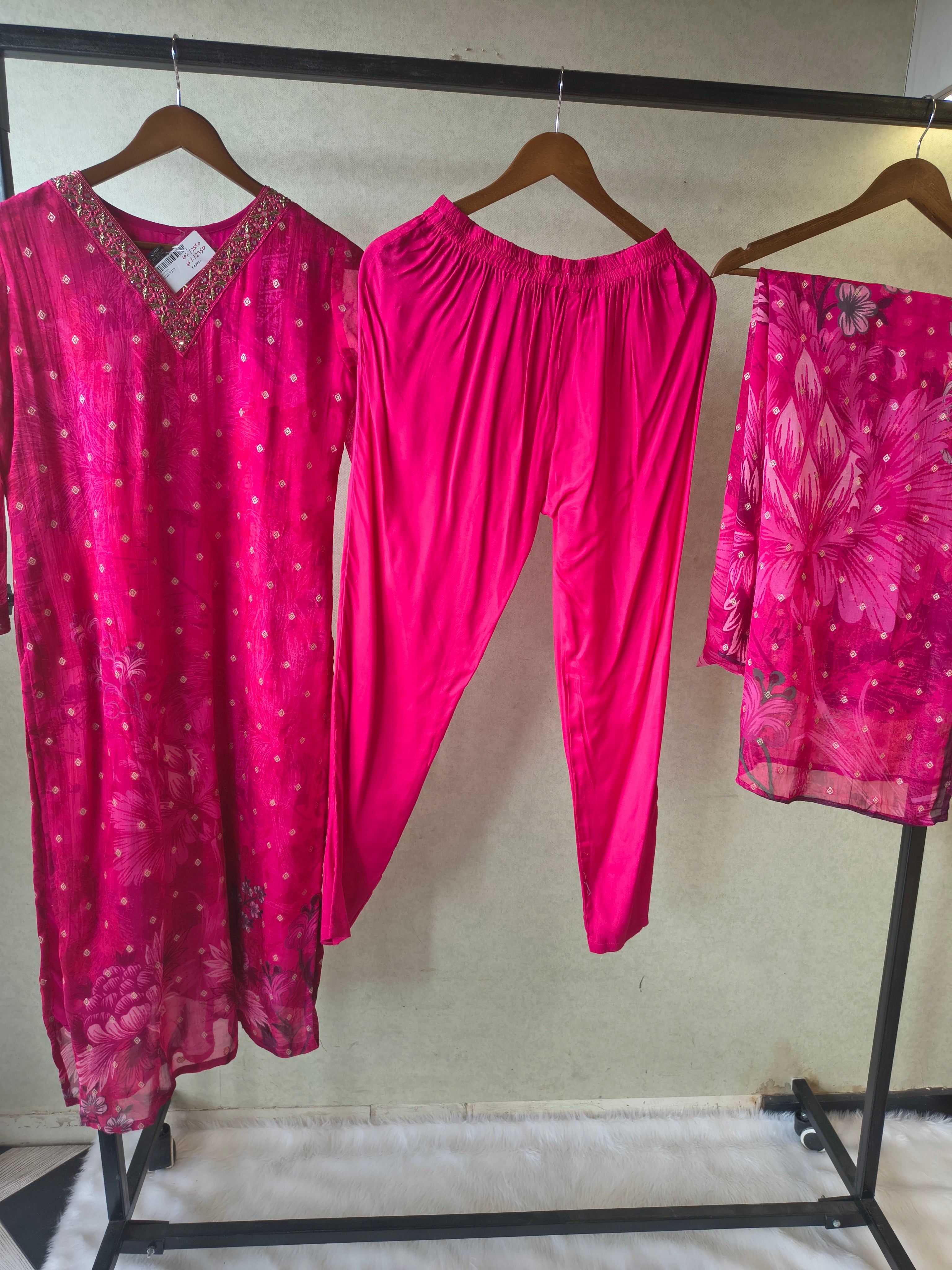 Image of Premium Fuchsia Floral Printed Straight Kurta with Cigarette Pants & Dupatta Set