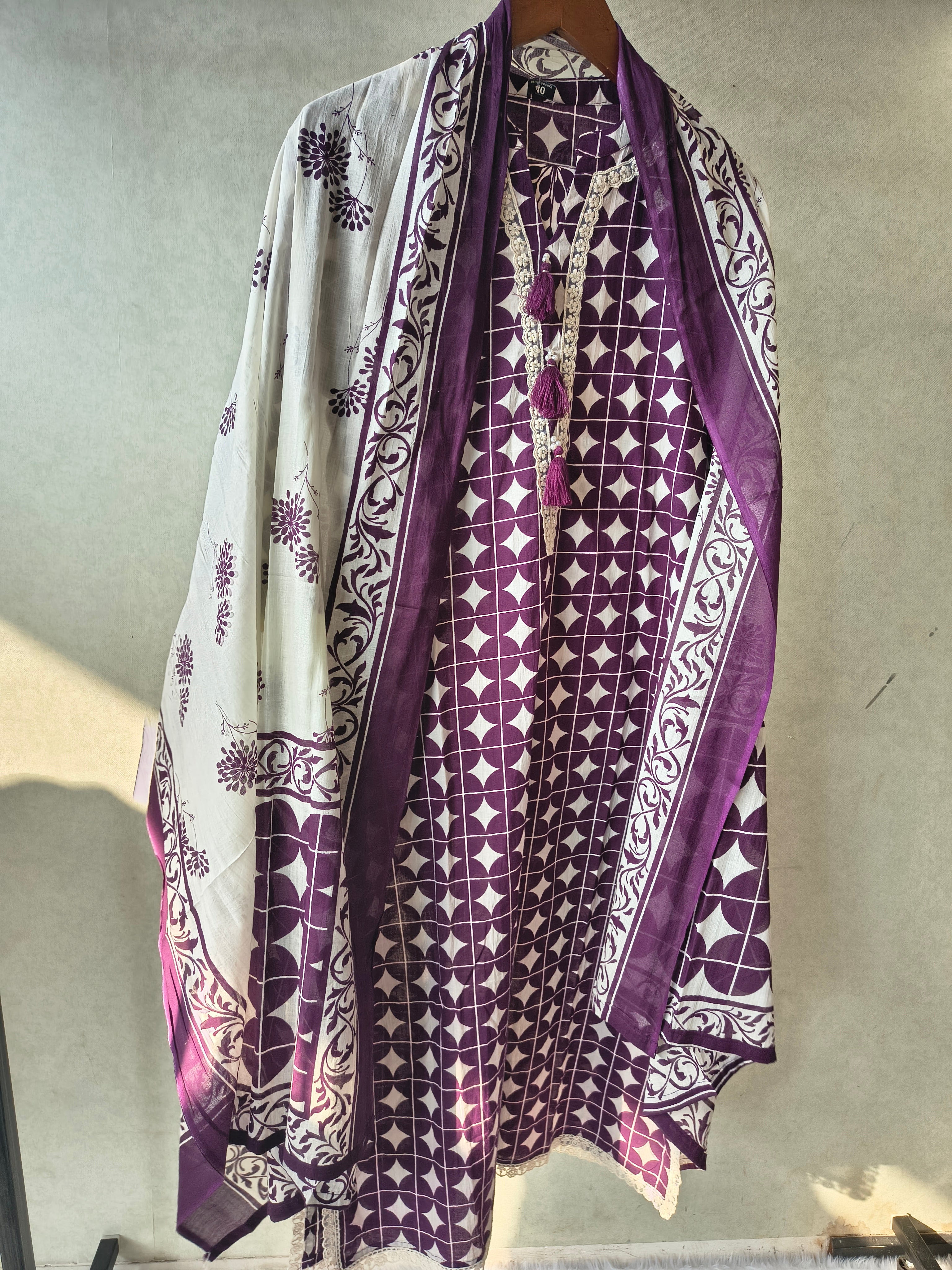 Image of Premium Plum Geometric Printed Cotton Kurta Set with Floral Printed Pants & Dupatta