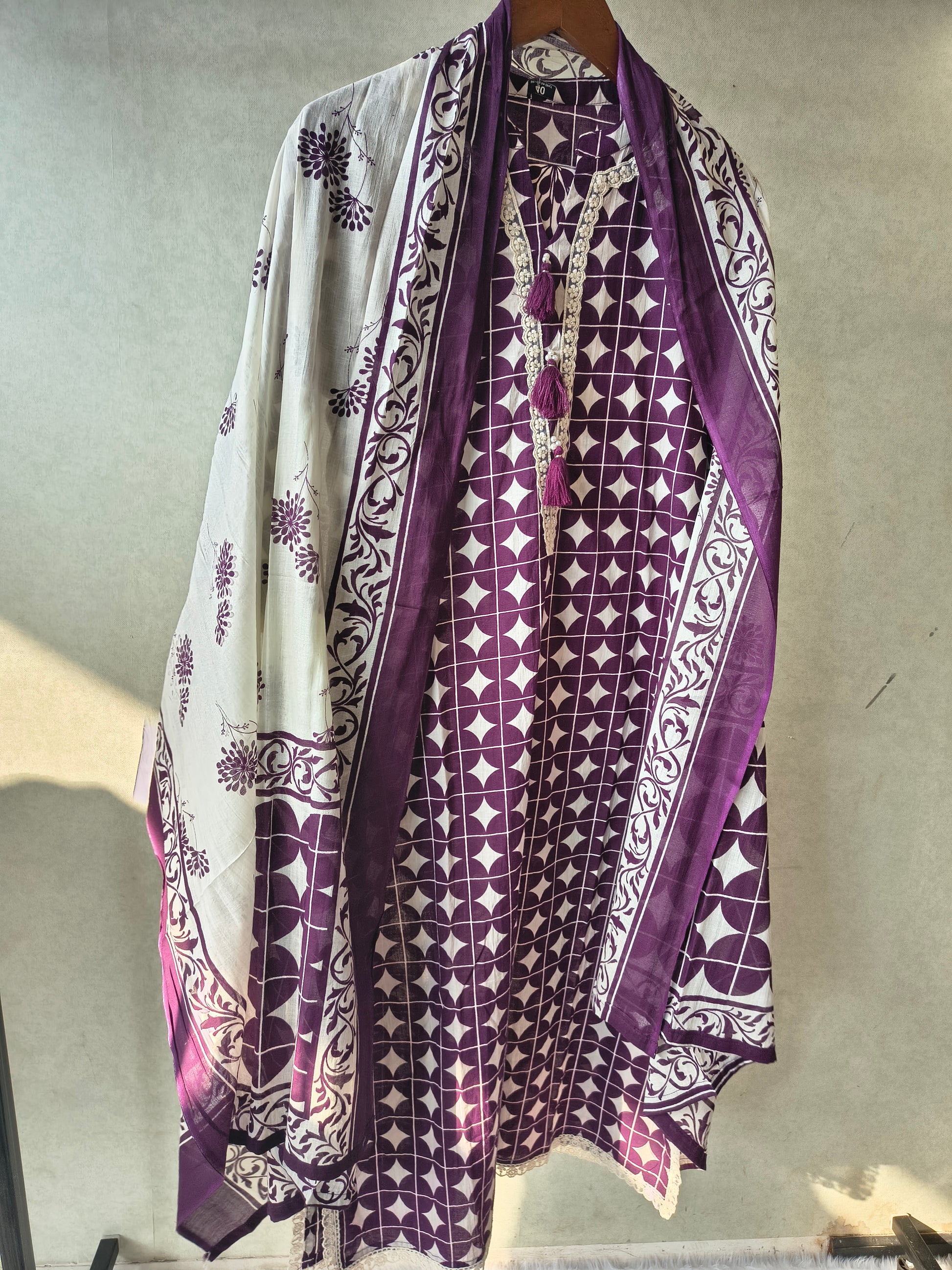 Premium Plum Geometric Printed Cotton Kurta Set with Floral Printed Pants & Dupatta