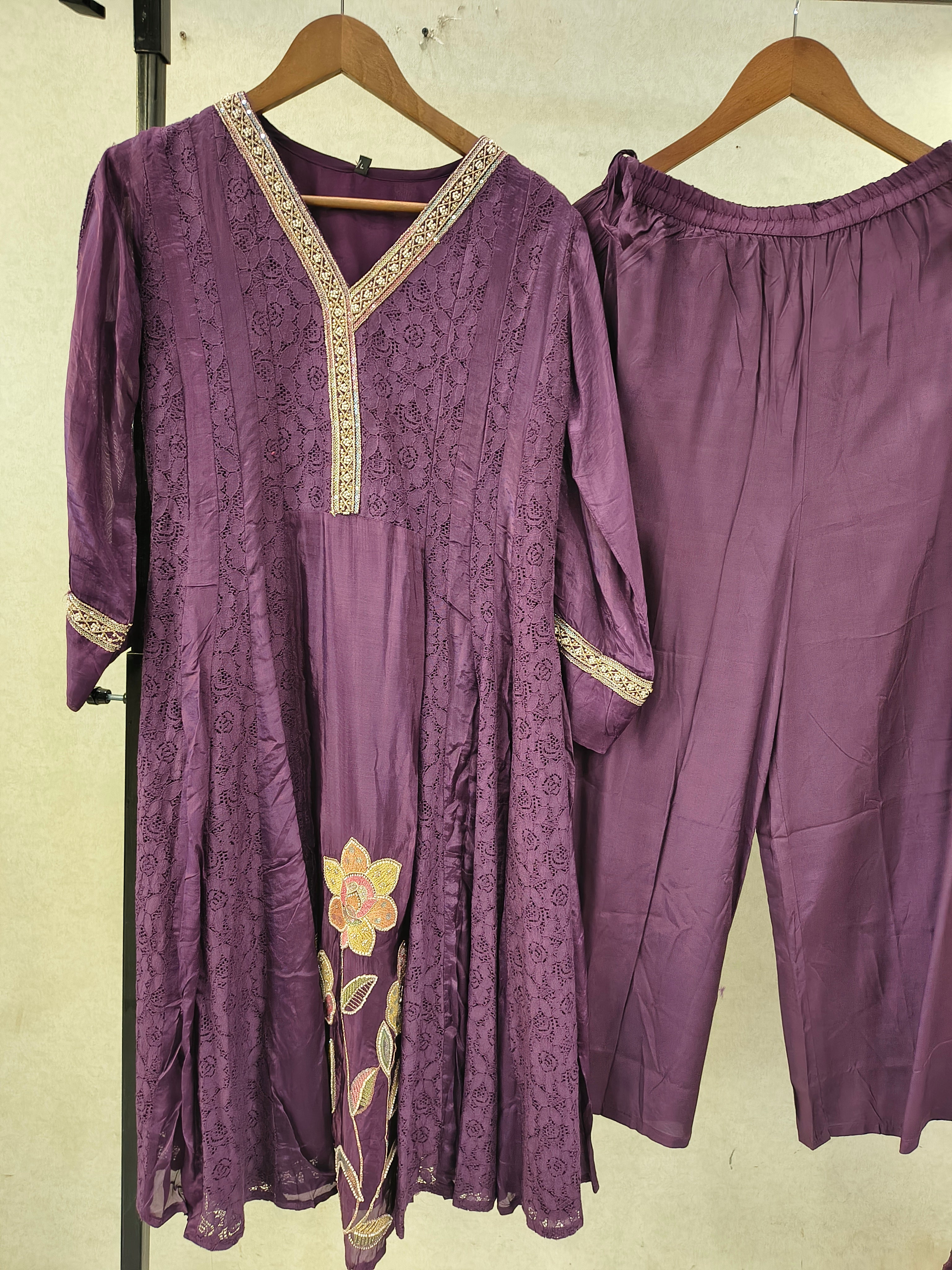Image of Royal Purple Designer Lace Panel Anarkali Kurta Set with Floral Embroidery & Sheer Dupatta | Premium 3 Piece Festive Ensemble