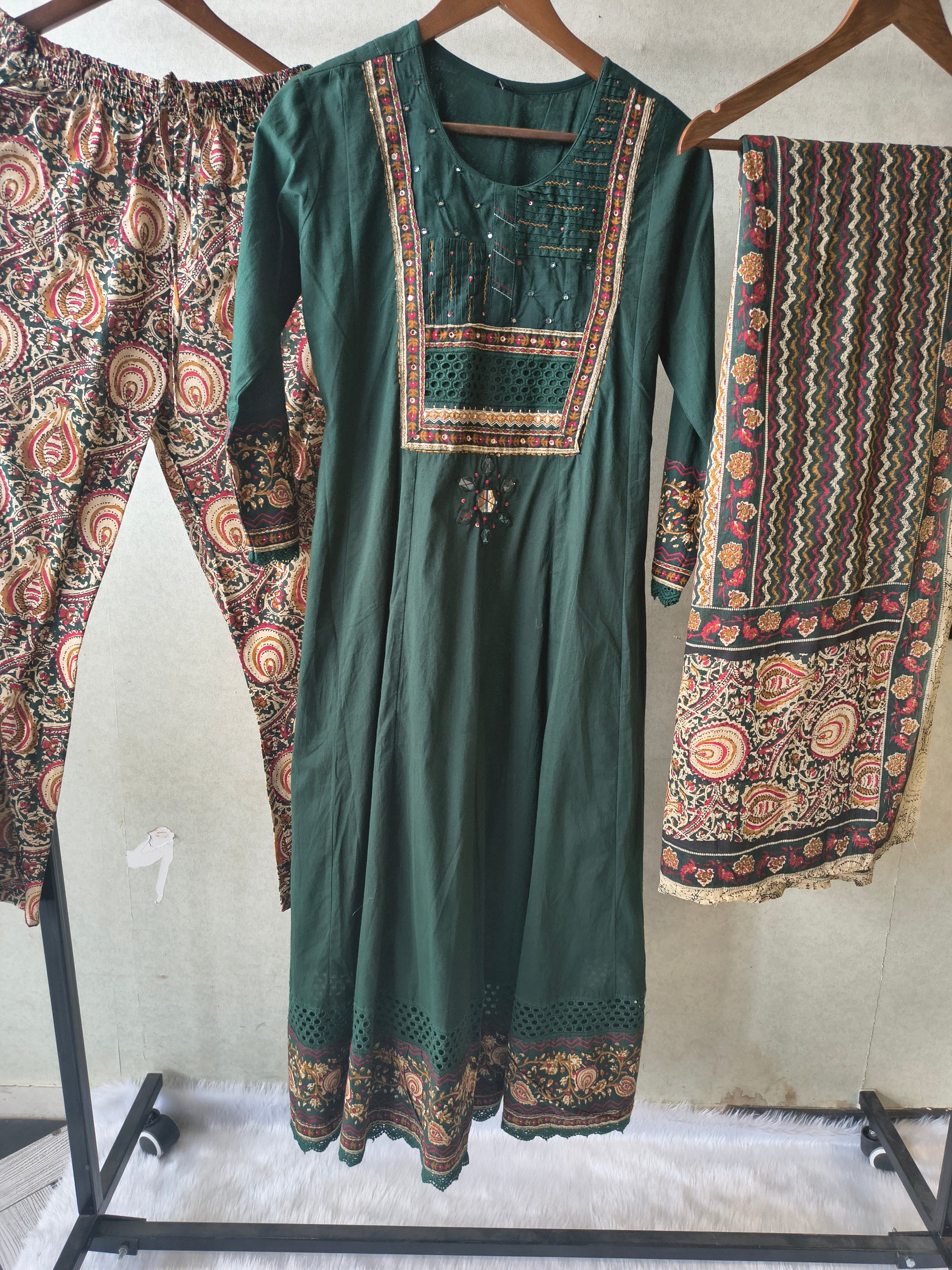 Emerald Green Embroidered Three-Piece Kurta Set with Printed Pant & Designer Dupatta