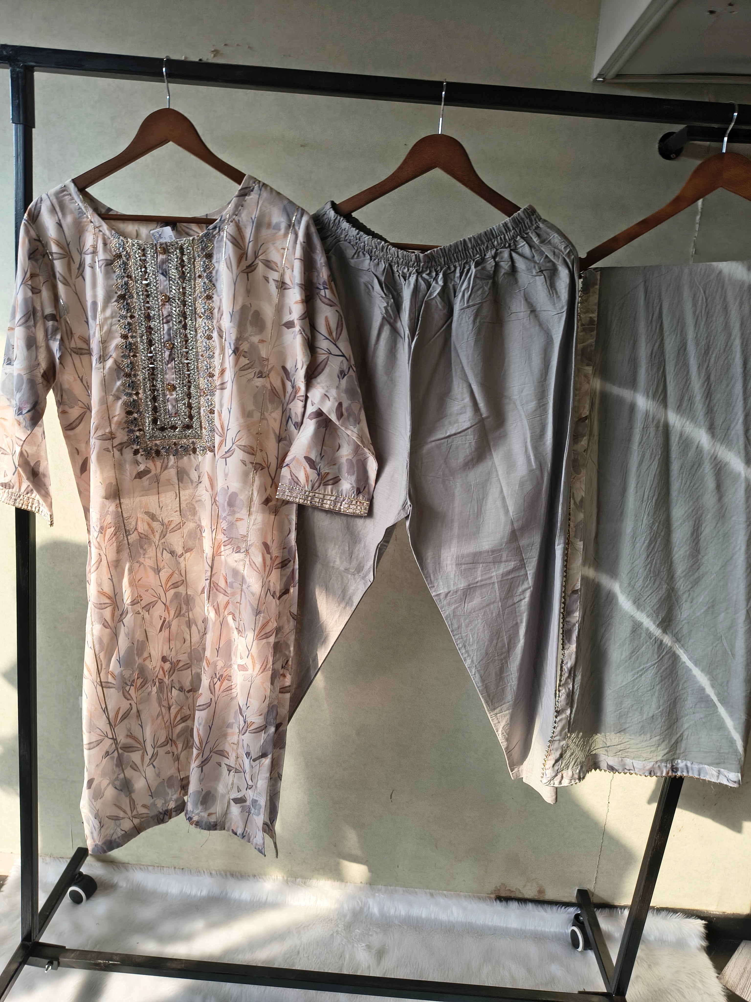 Image of Premium Pastel Floral Printed Kurta Set with Embellished Yoke & Chiffon Dupatta