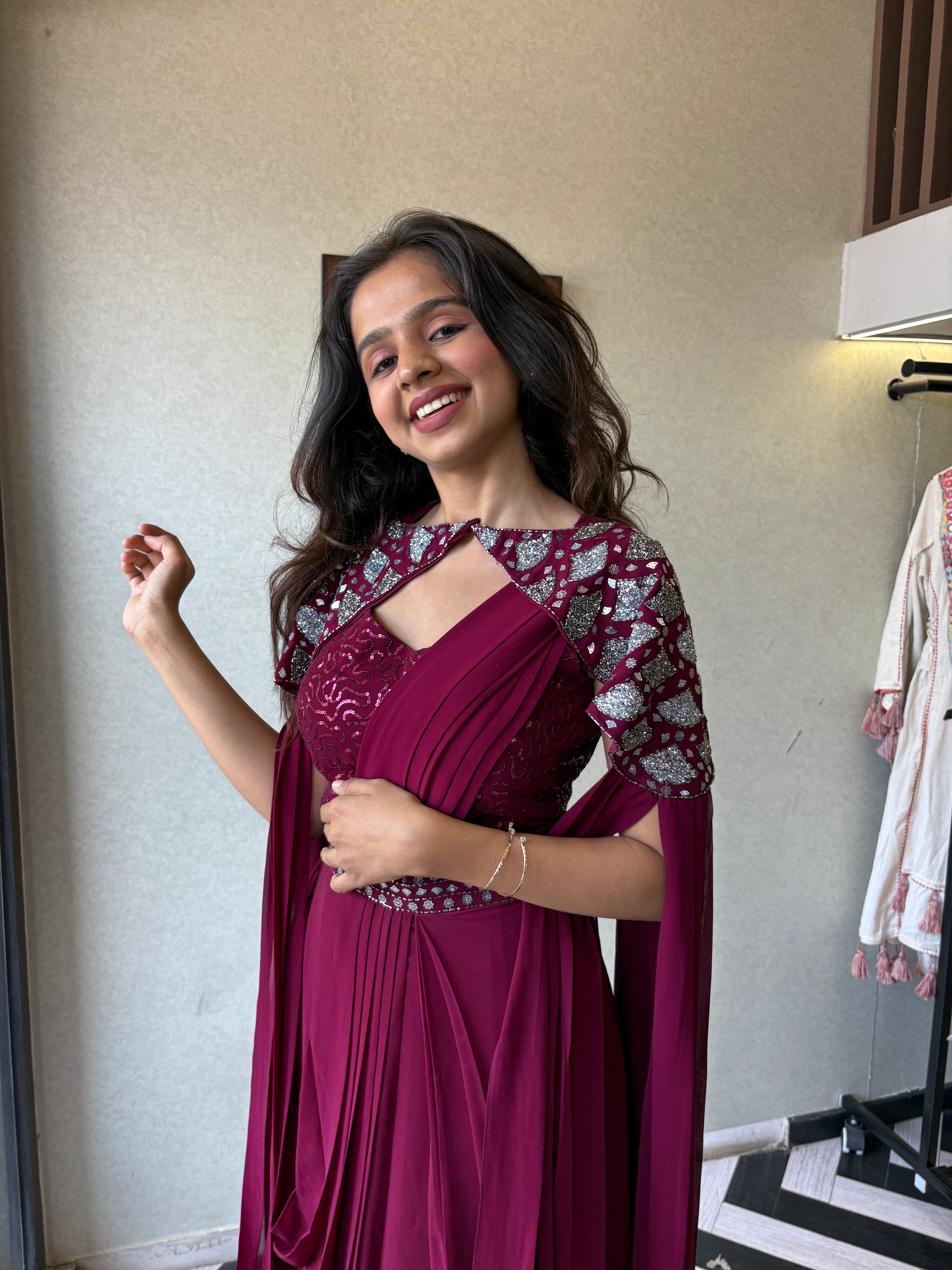 Image of Our Maroon Georgette 3-Piece Saree-Style Indo-Western Set, where classic charm meets modern flair.