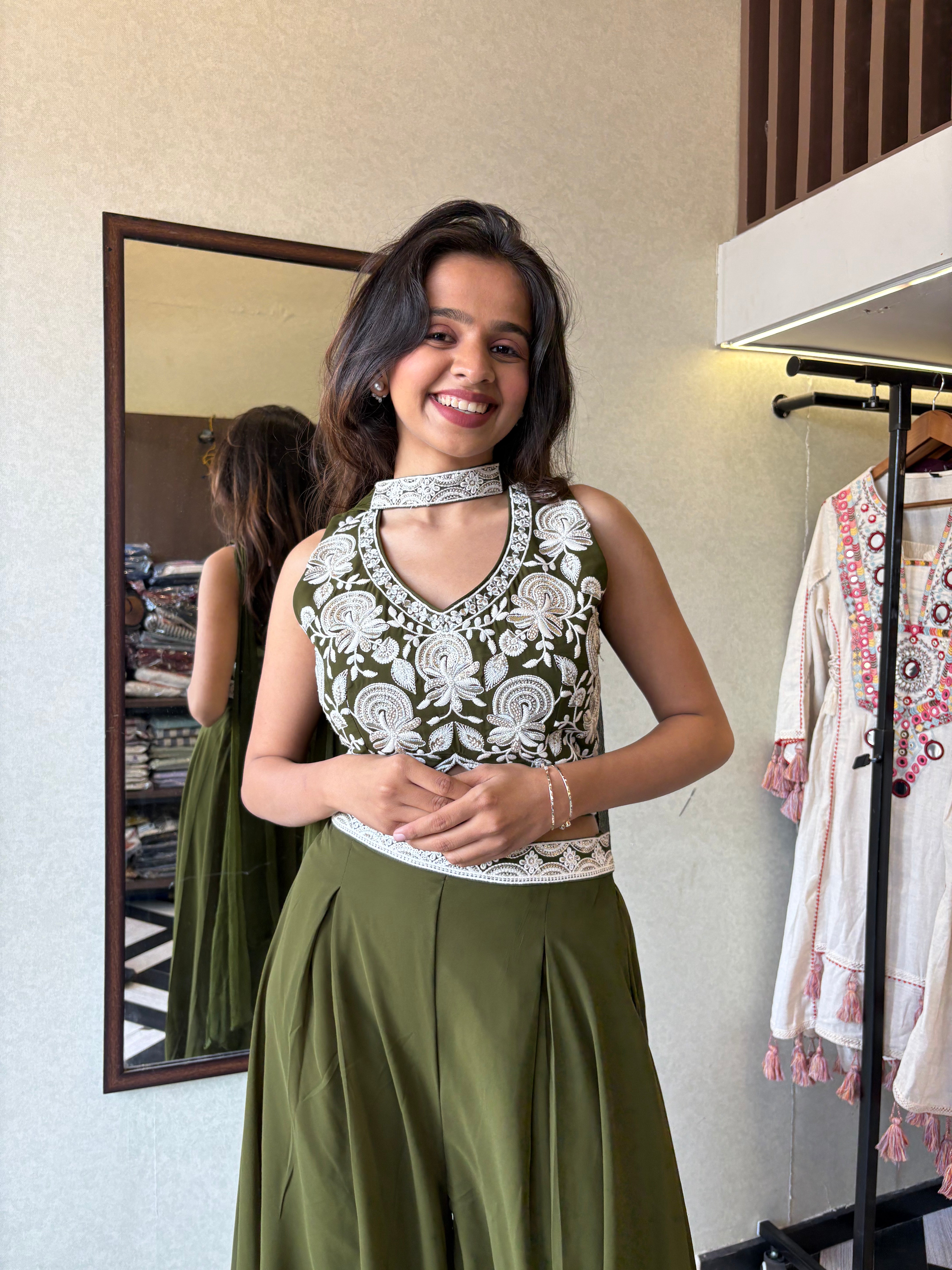 Image of Our 2-piece Indo-Western stunner - crafted in pure georgette with a fully embroidered blouse and a beautifully flowing drape-style bottom that blends Indian grace with modern charm!