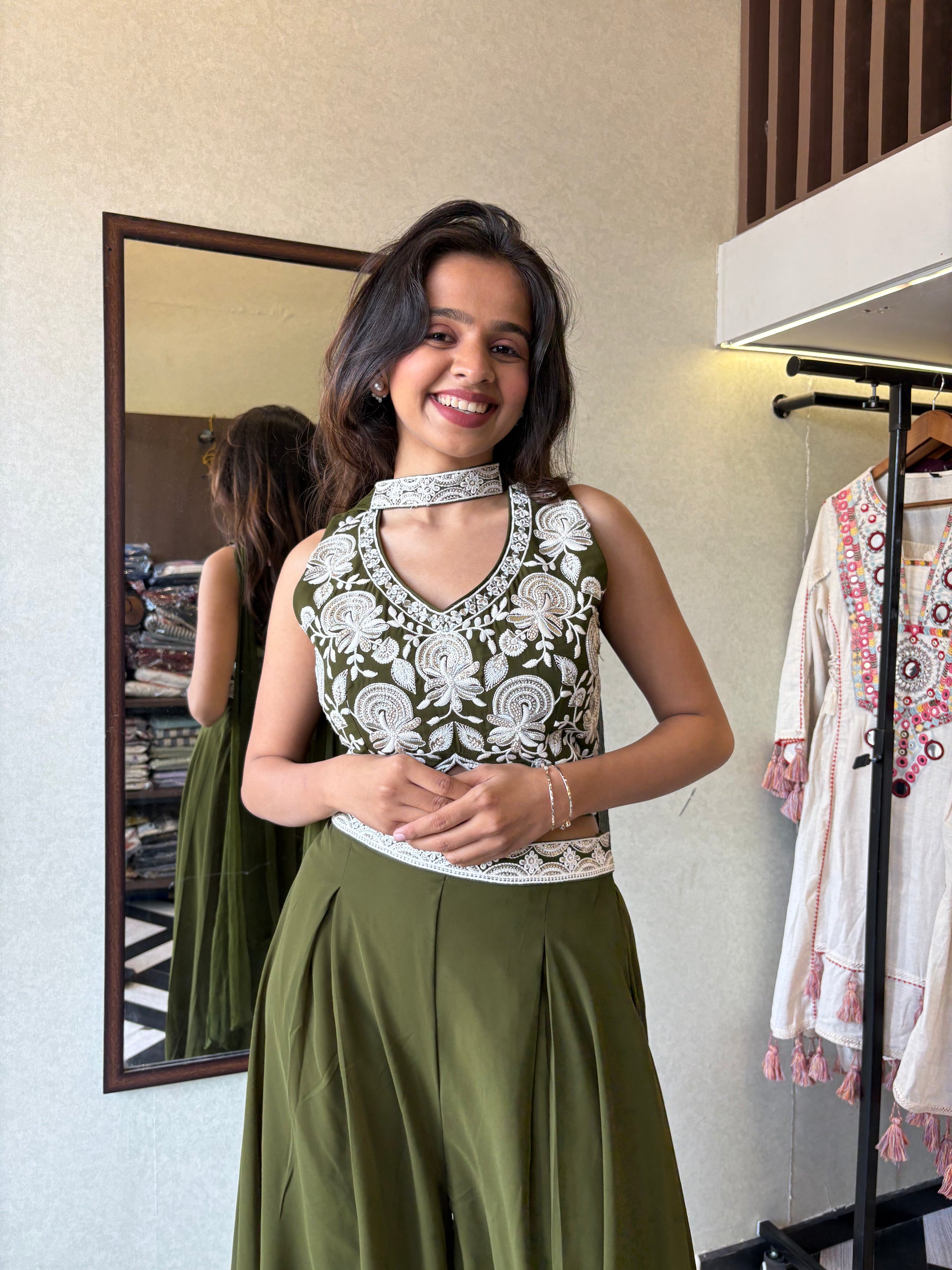 Our 2-piece Indo-Western stunner - crafted in pure georgette with a fully embroidered blouse and a beautifully flowing drape-style bottom that blends Indian grace with modern charm!