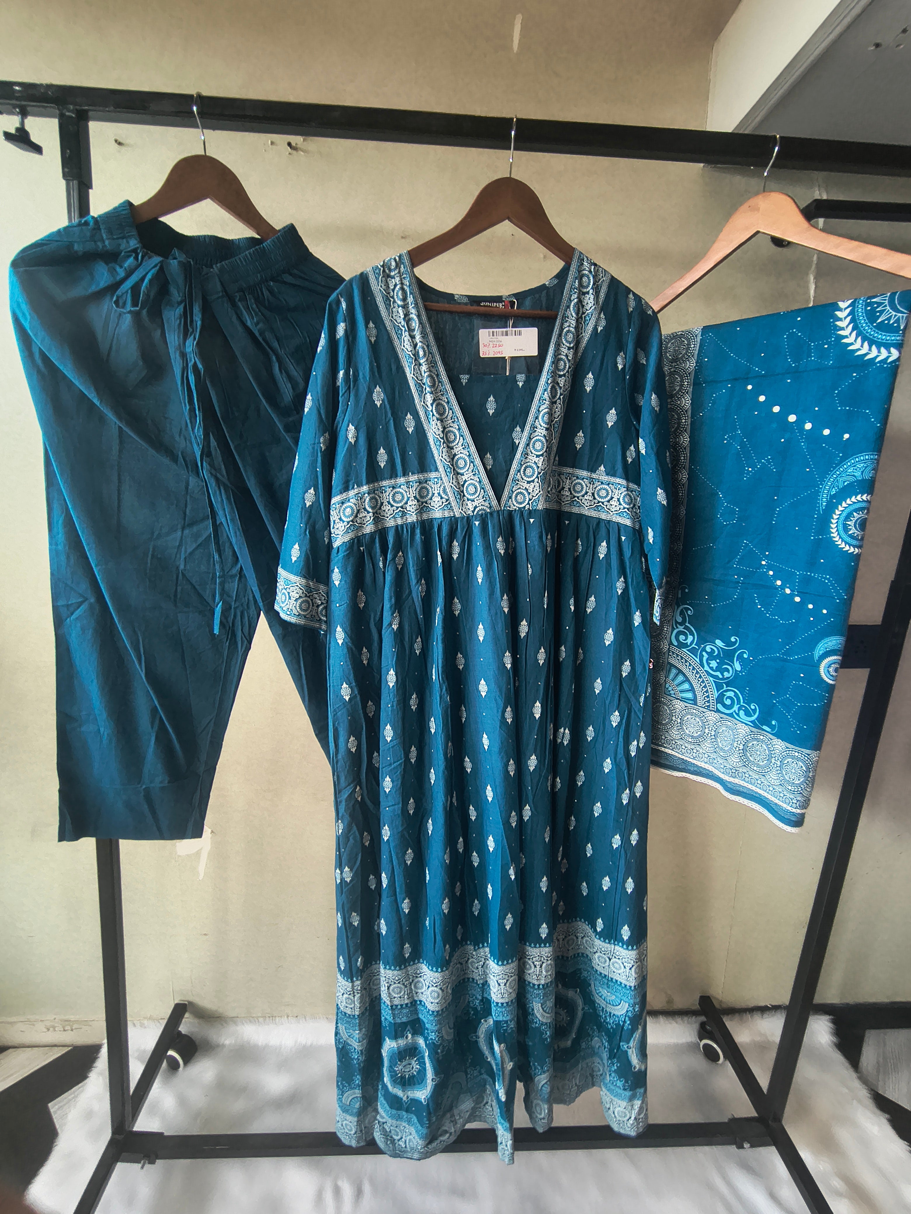 Image of Juniper Premium Teal Blue Printed Cotton Kurta Set with Solid Pants & Printed Dupatta