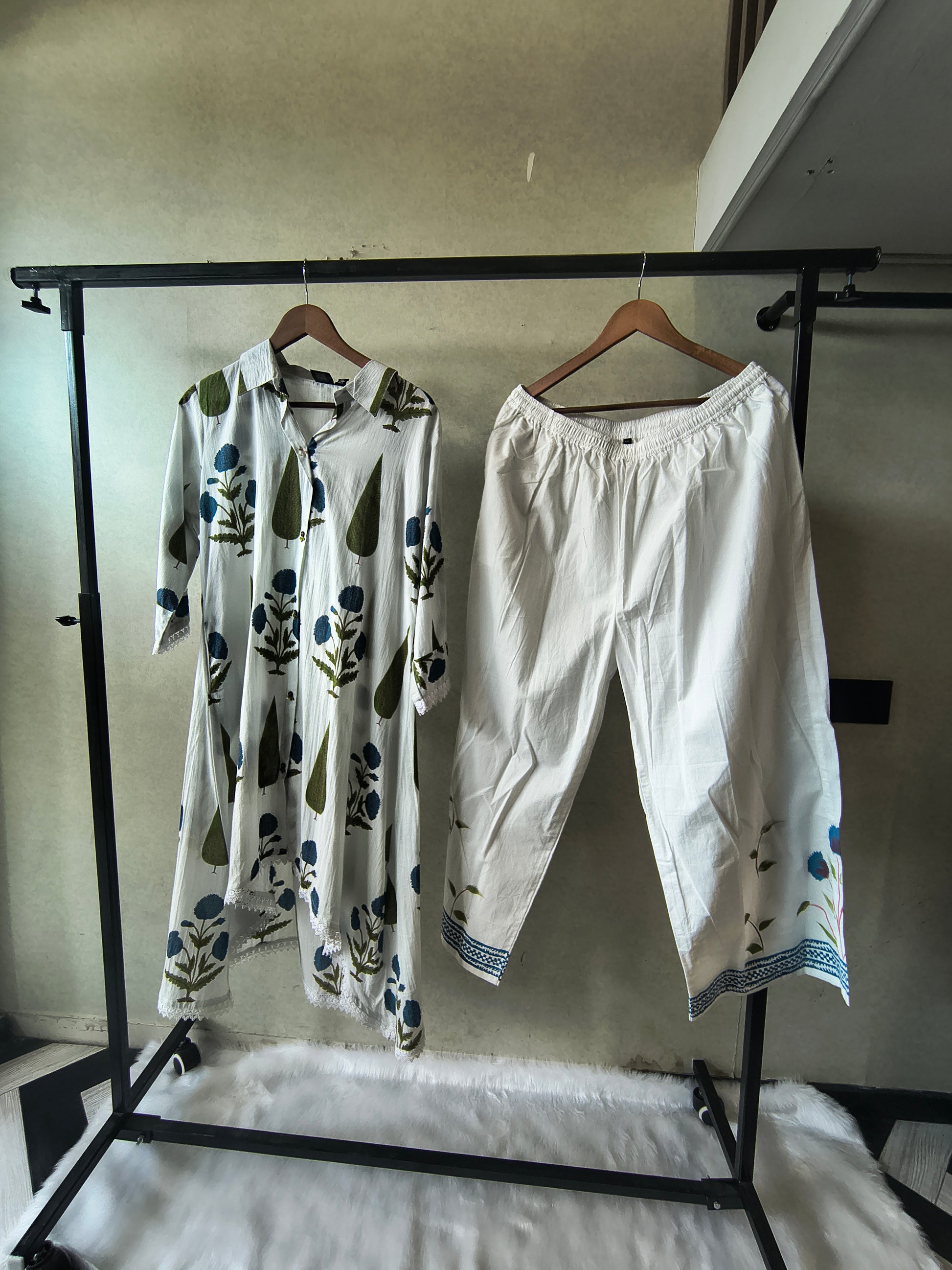 Premium White Botanical Printed High-Low Kurta Set with Designer Pants