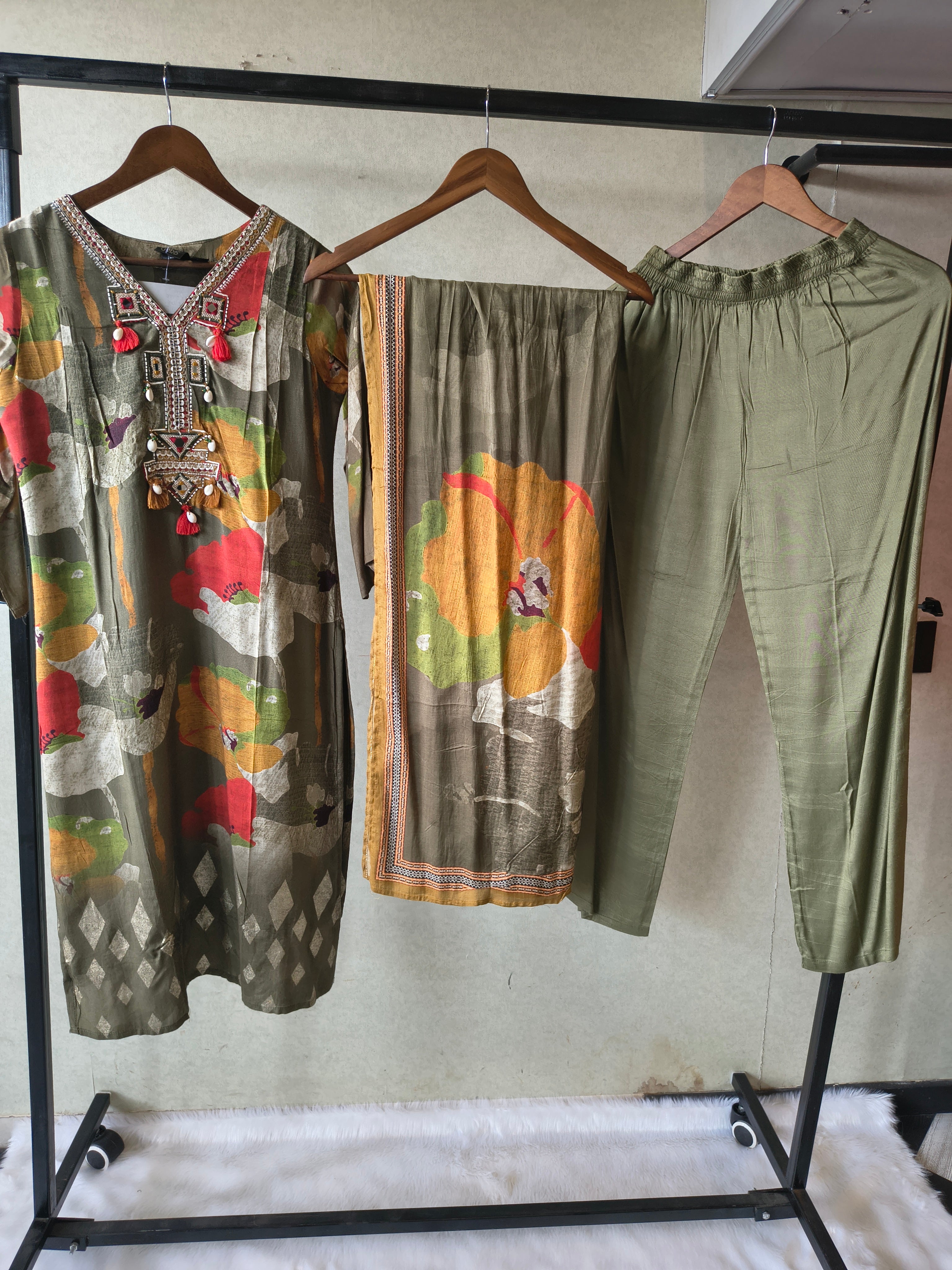 Image of Premium Olive Green Floral Printed Kurta Set with Embellished Neckline, Solid Pants & Printed Dupatta