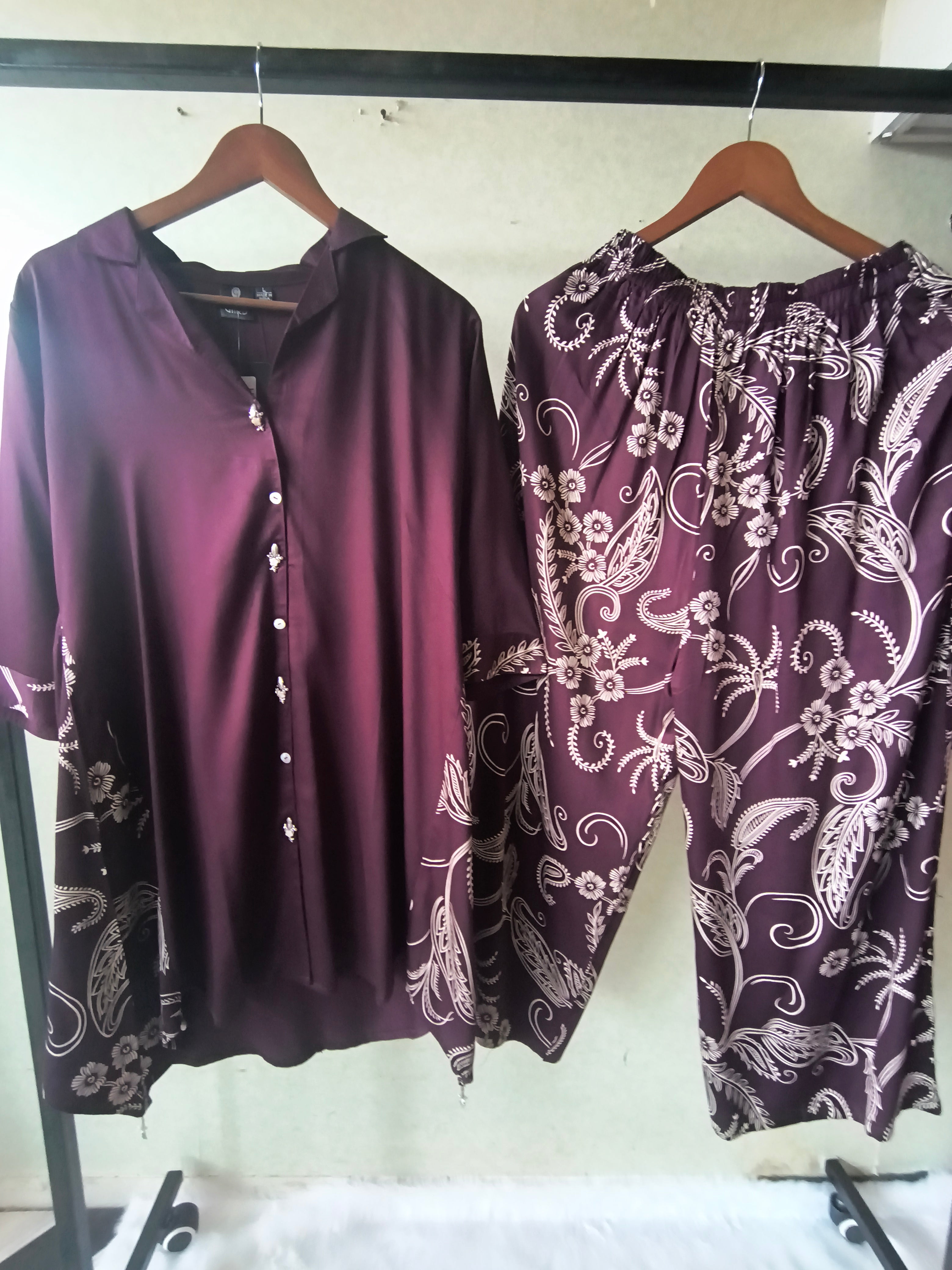 Image of Premium Plum Satin Co-Ord Kurta Set with Printed Straight Pants