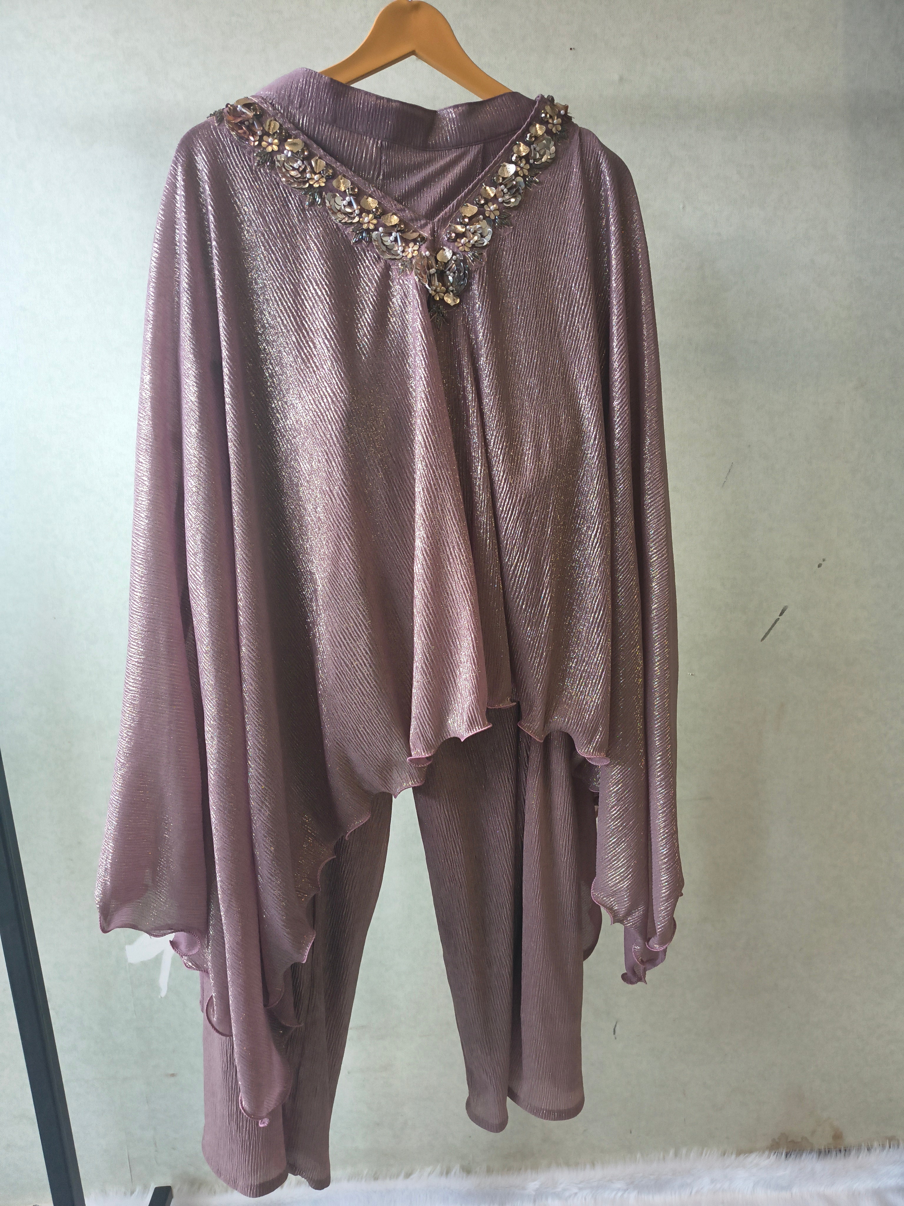 Image of Premium Rose Gold Shimmer Kaftan Co-Ord Set with Hand Embellished Cape & Straight Pants