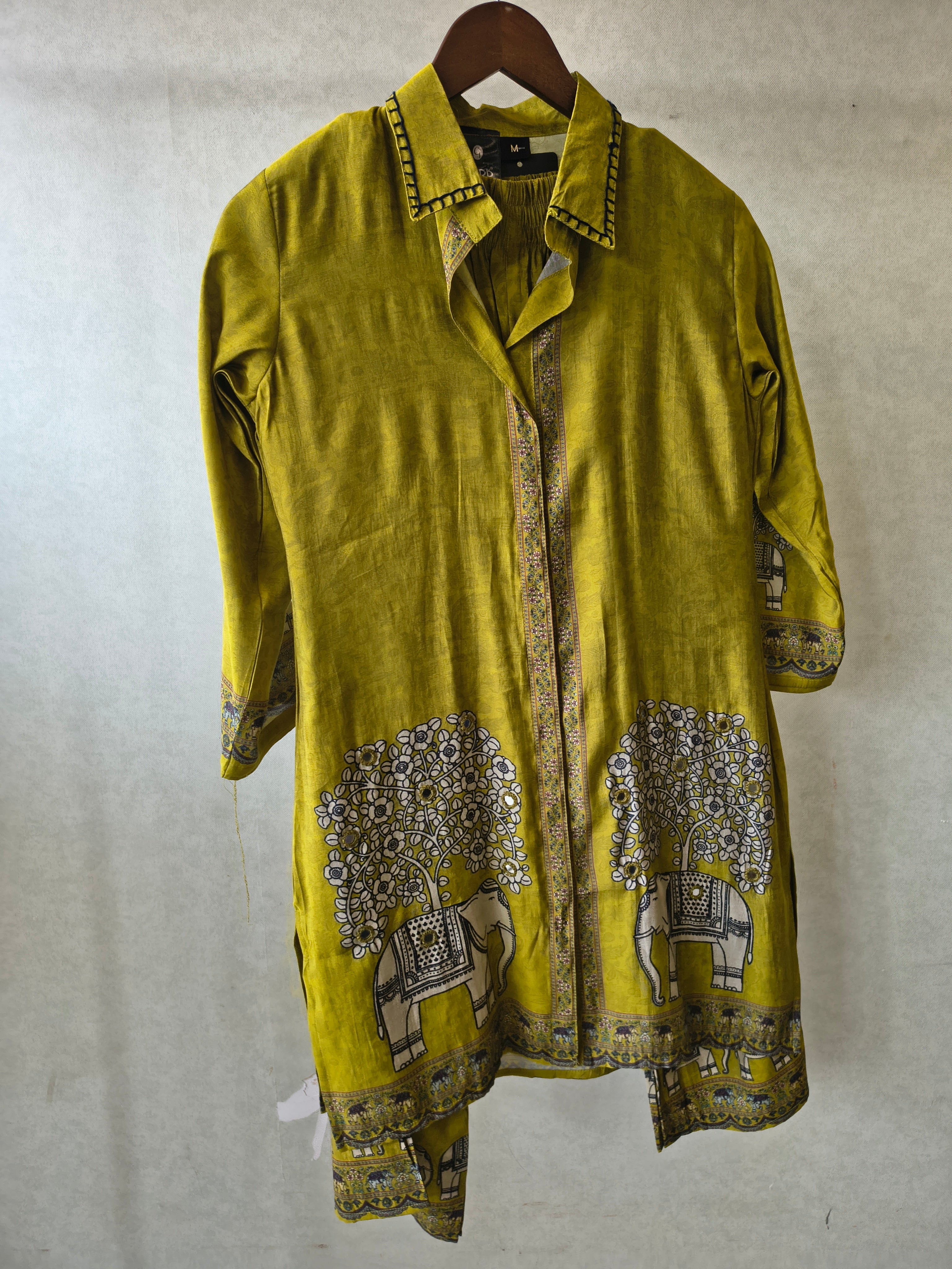 Image of Mustard Yellow Elephant Print Designer Co-Ord Set with Asymmetrical Hem