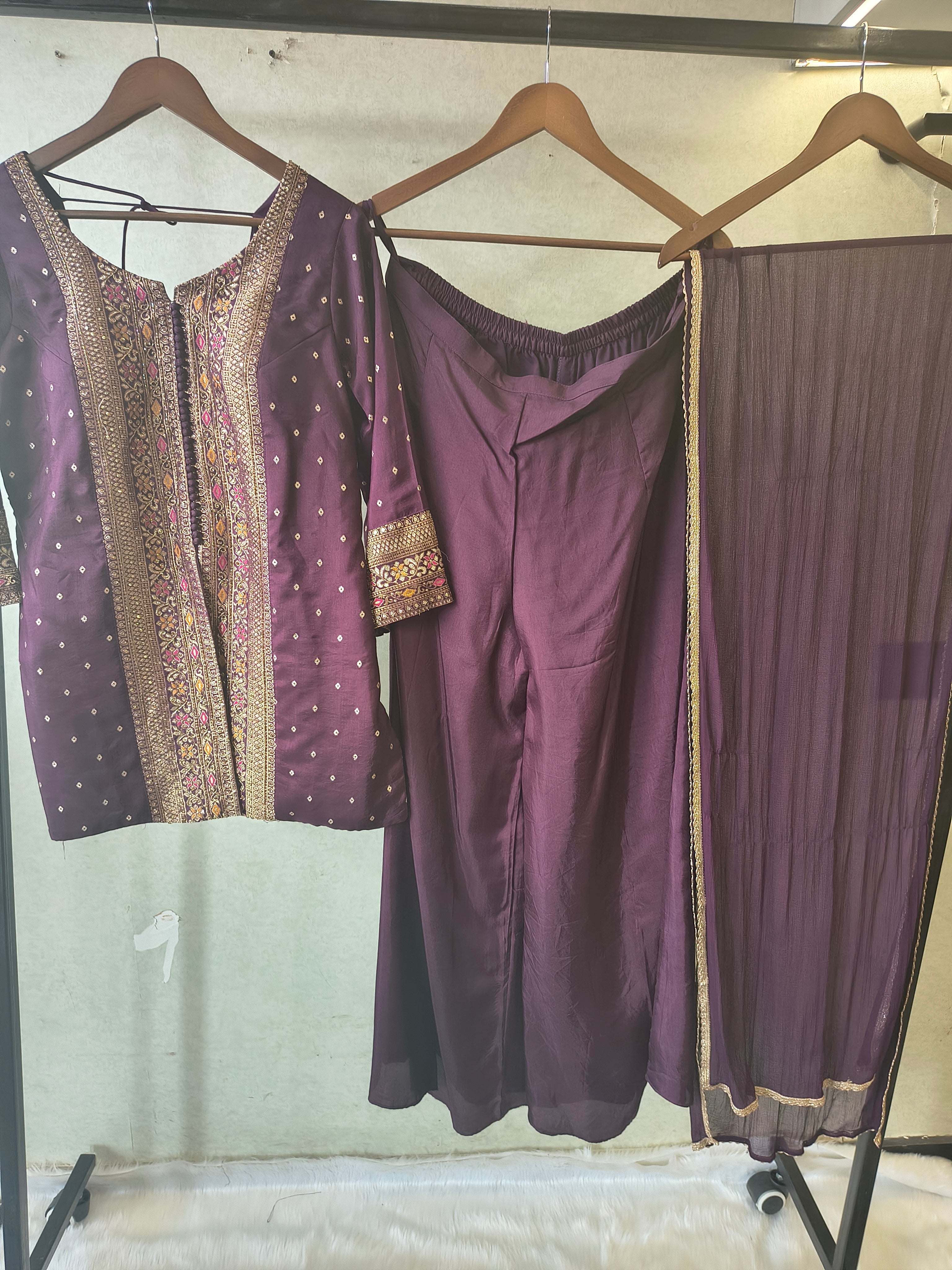 Image of Royal Purple Embroidered Straight Kurta Set with Flared Palazzo & Pleated Dupatta – Designer 3 Piece Festive Ensemble