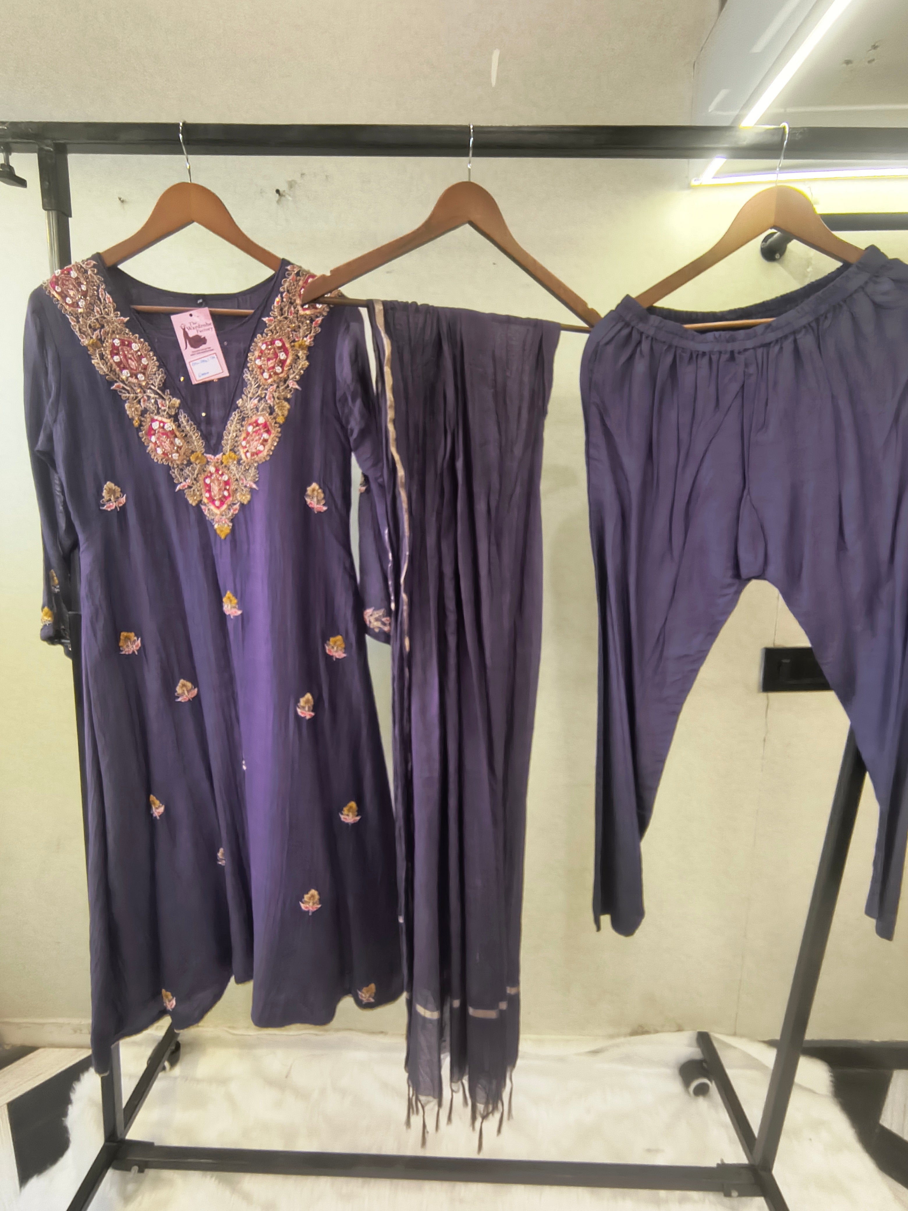 Image of Midnight Navy Hand-Embroidered Straight Kurta Set with Statement Neckline, Churidar Pants & Tassel Dupatta | Premium 3 Piece Festive Ensemble
