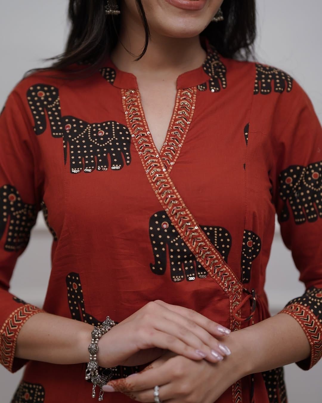 Image of Hathi Print Embroidery Cotton Kurti Set
