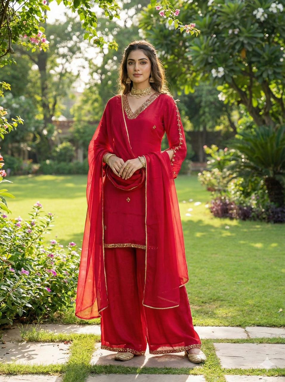 Image of Pure Chinnon Crepe 3-Piece Designer Set with Handwork