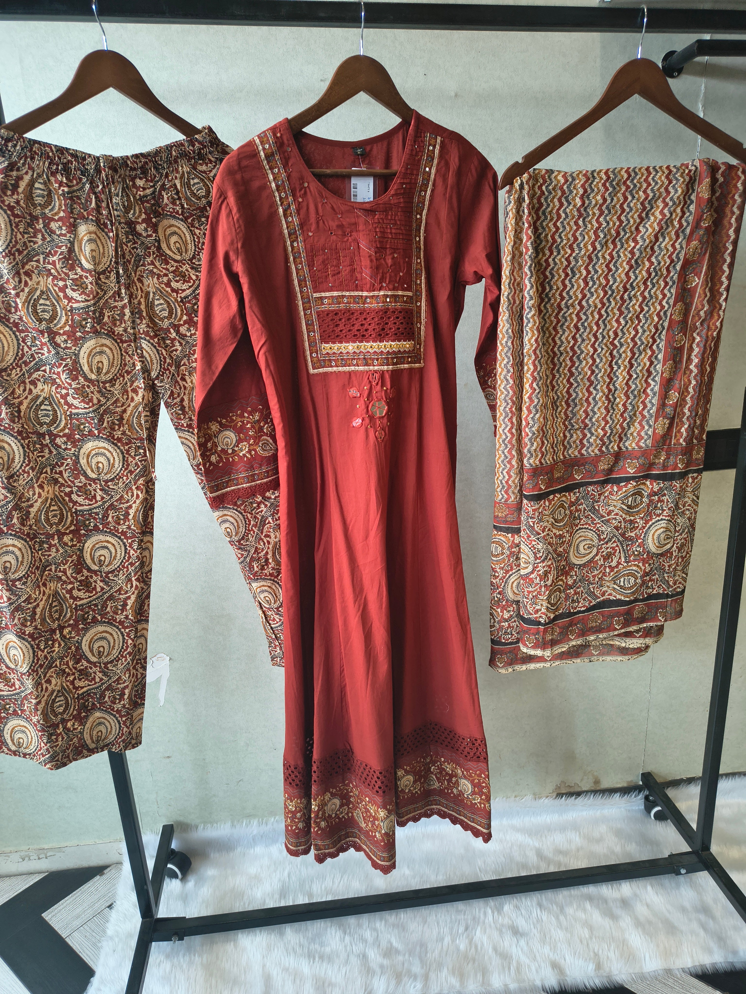 Image of Rust Red Embroidered Three-Piece Kurta Set with Printed Pant & Designer Dupatta