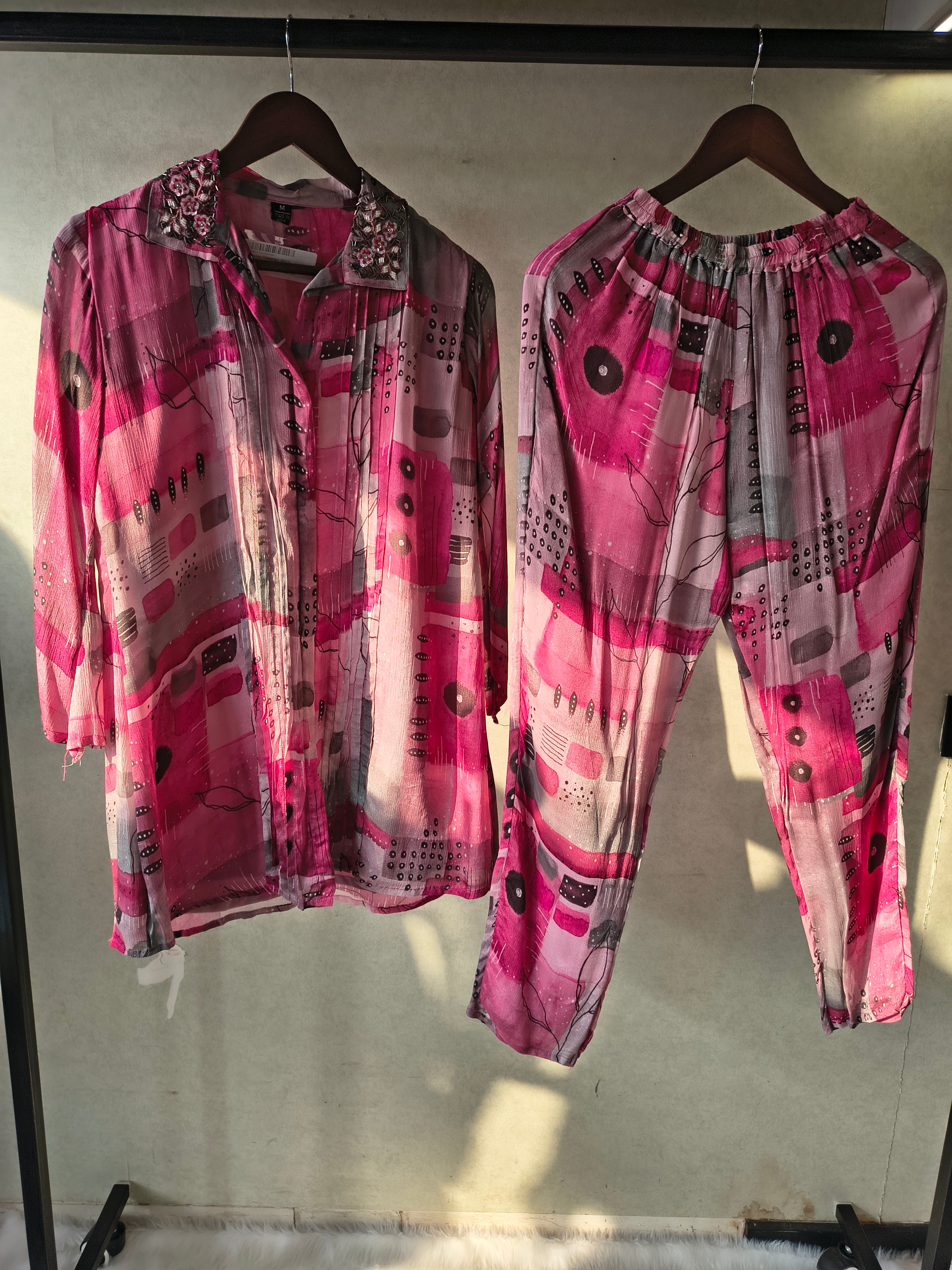 Image of Premium Embellished Abstract Printed Oversized Shirt Co-Ord Set with Tapered Pants