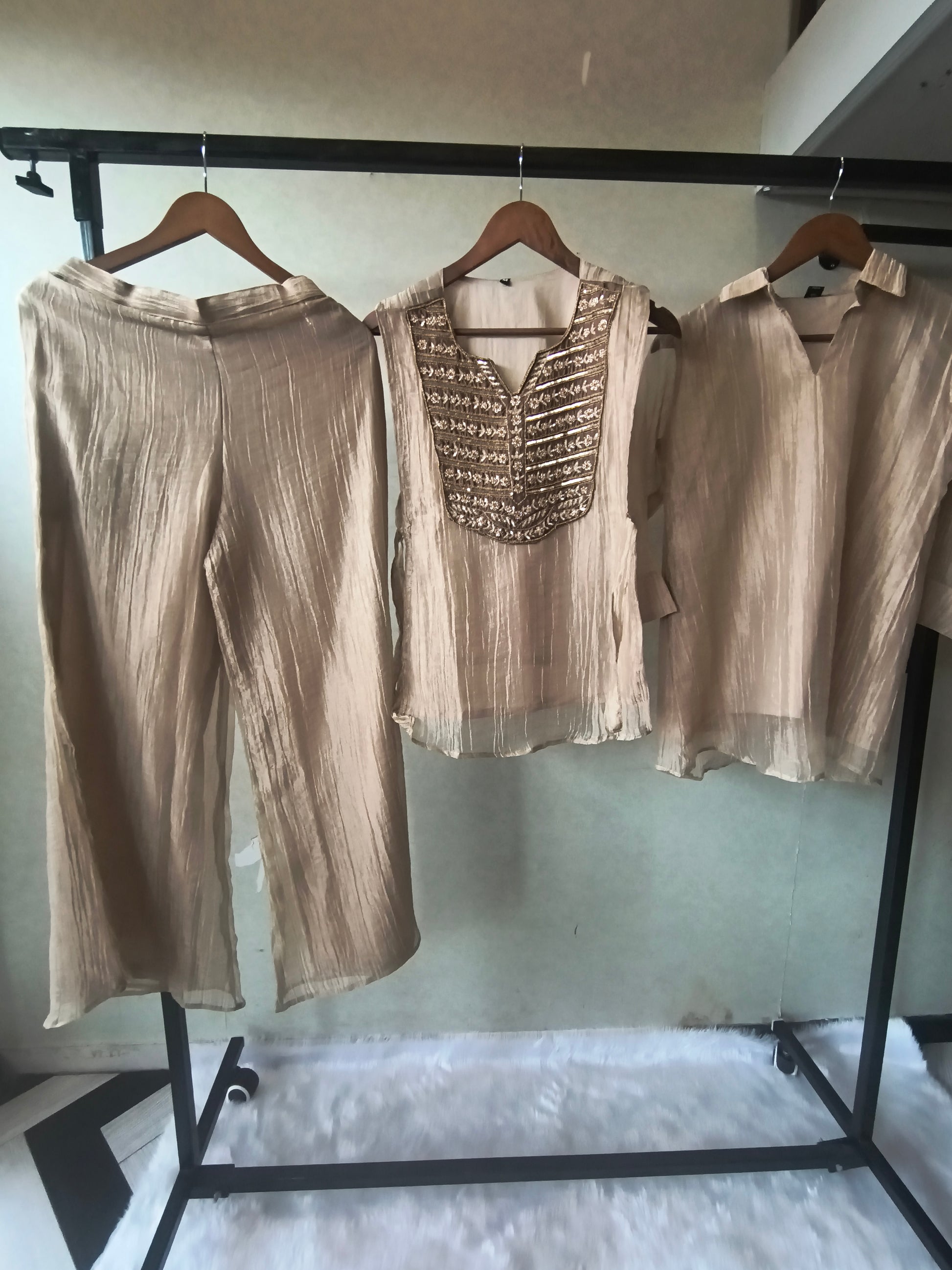 Premium Champagne Gold Tissue Silk 3-Piece Co-Ord Set with Antique Zari Embroidered Jacket, Inner & Palazzo