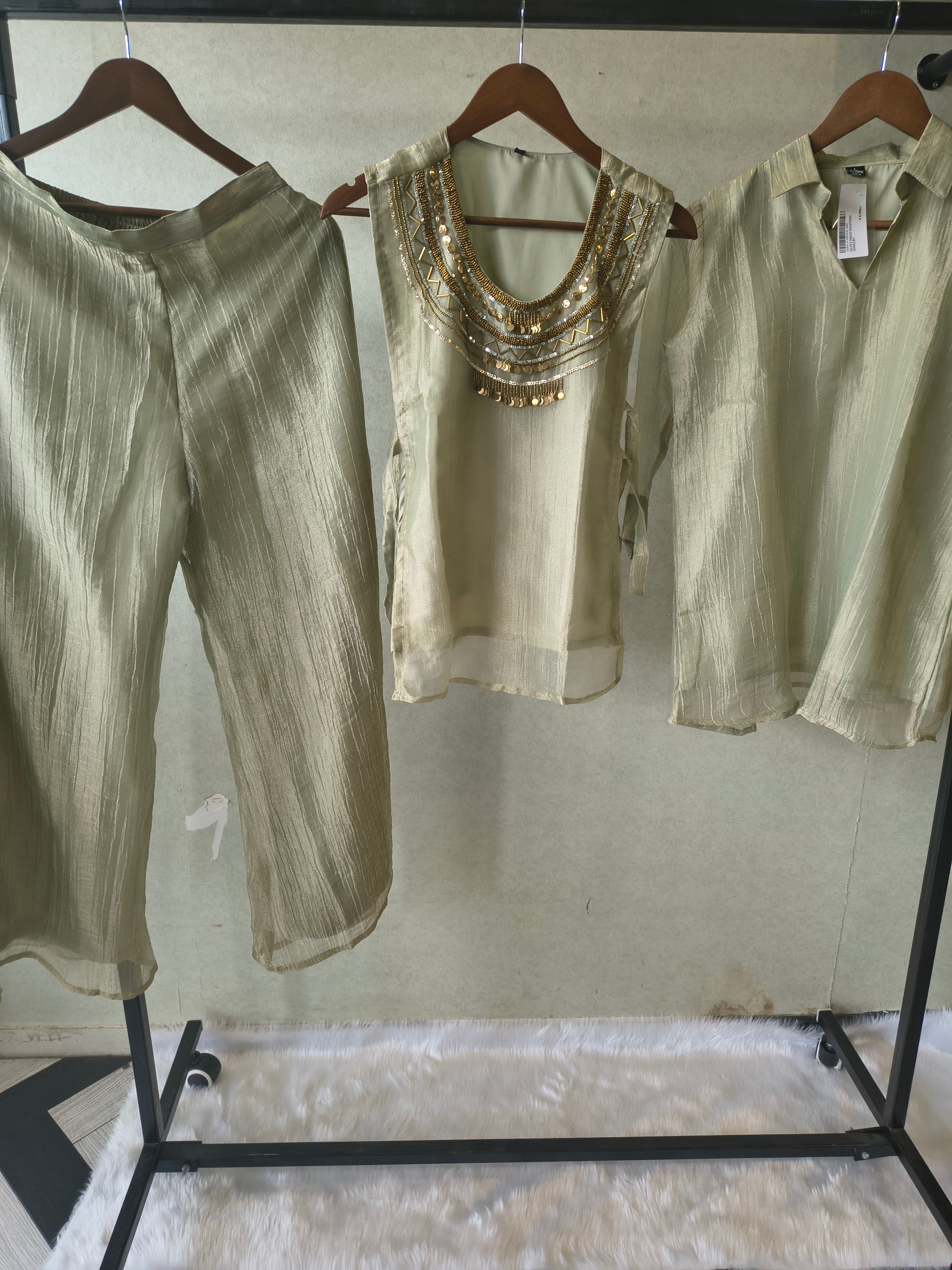 Image of Premium Sage Grey Tissue Silk 3-Piece Co-Ord Set with Antique Hand Embellished Jacket, Inner & Palazzo
