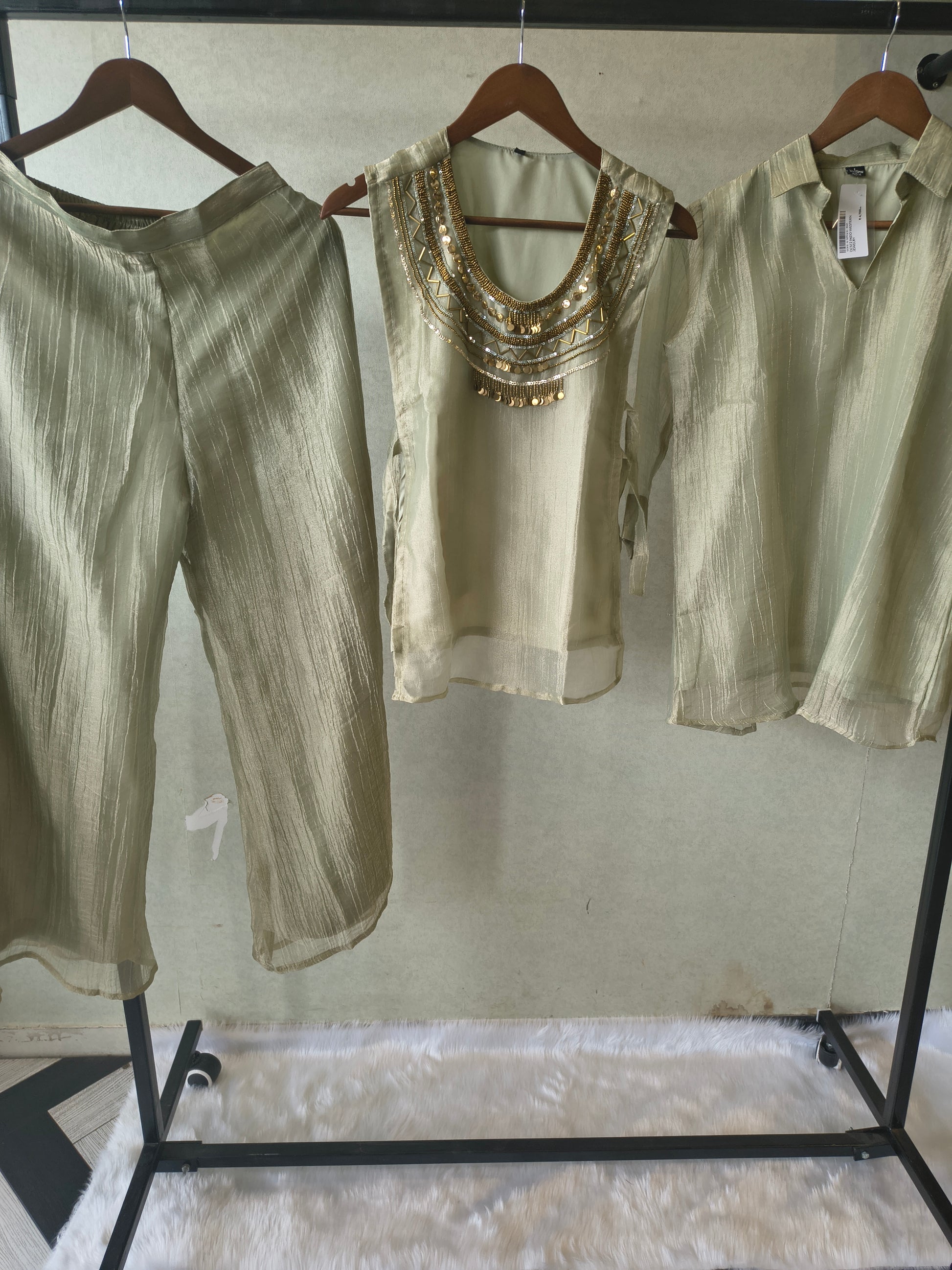 Premium Sage Grey Tissue Silk 3-Piece Co-Ord Set with Antique Hand Embellished Jacket, Inner & Palazzo