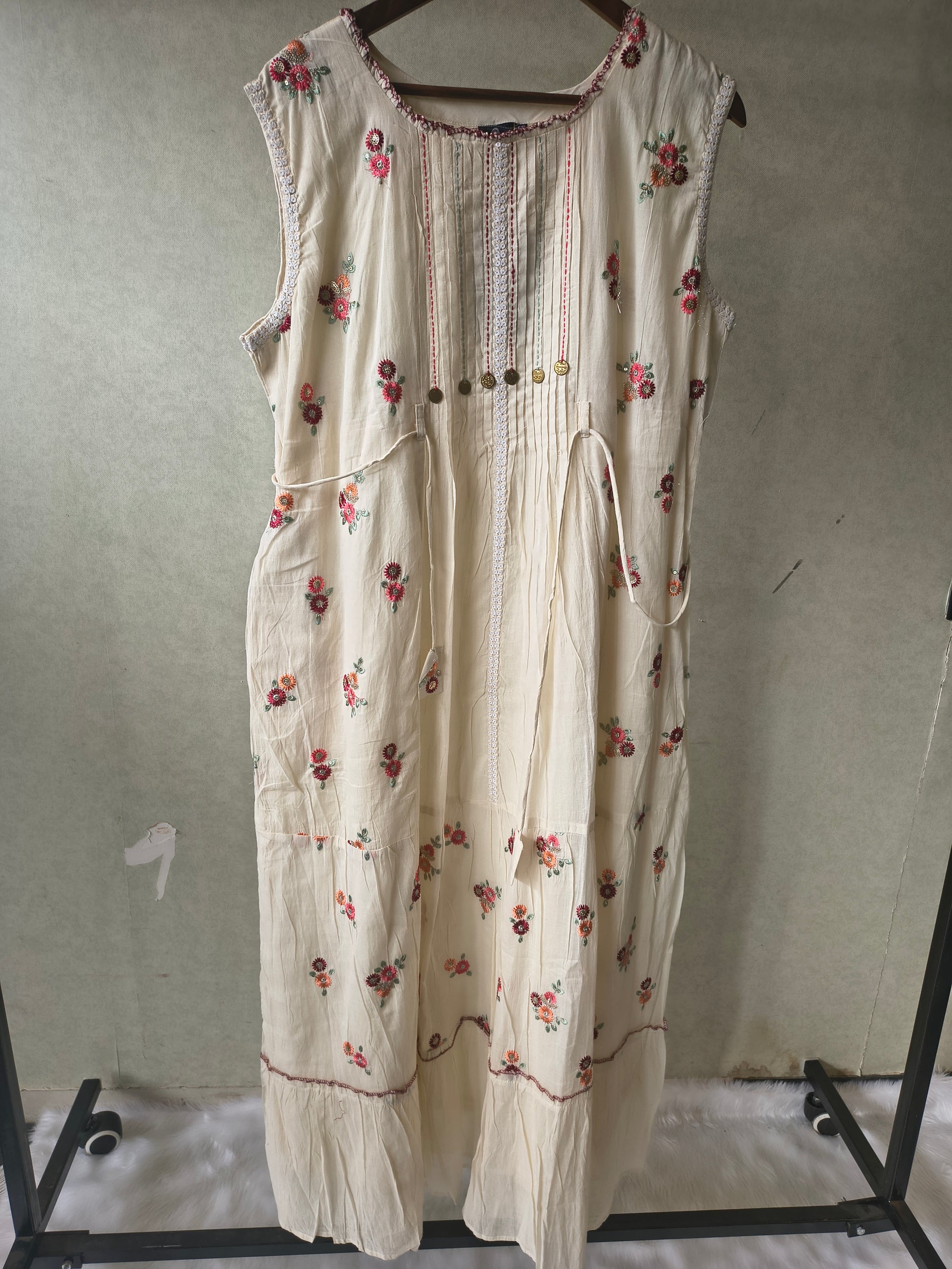 Premium Ivory Floral Embroidered Sleeveless Tiered Maxi Dress with Pintuck Detailing