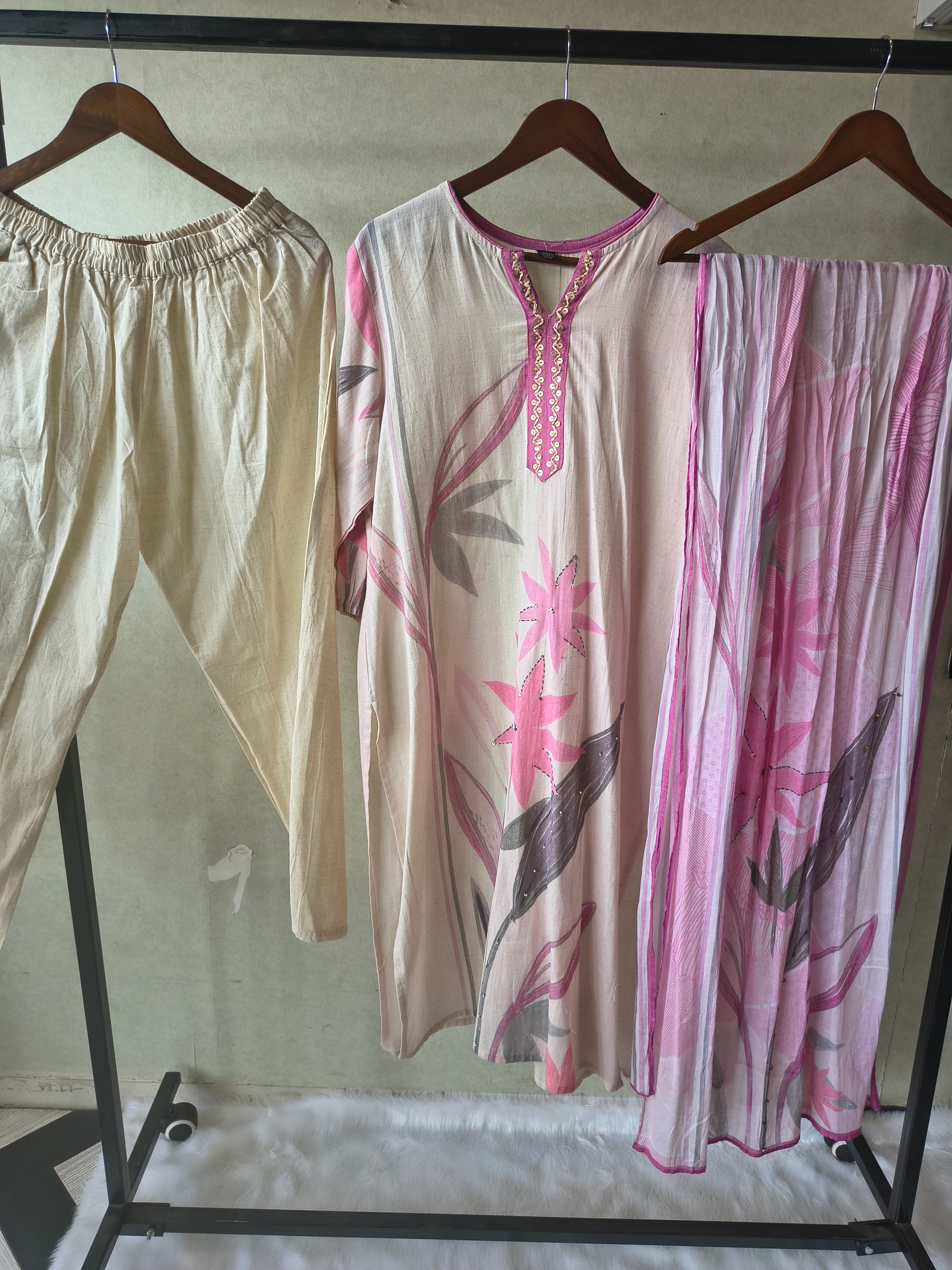 Image of Premium Blush Pink Floral Printed Straight Kurta Set with Churidar Pants & Soft Printed Dupatta