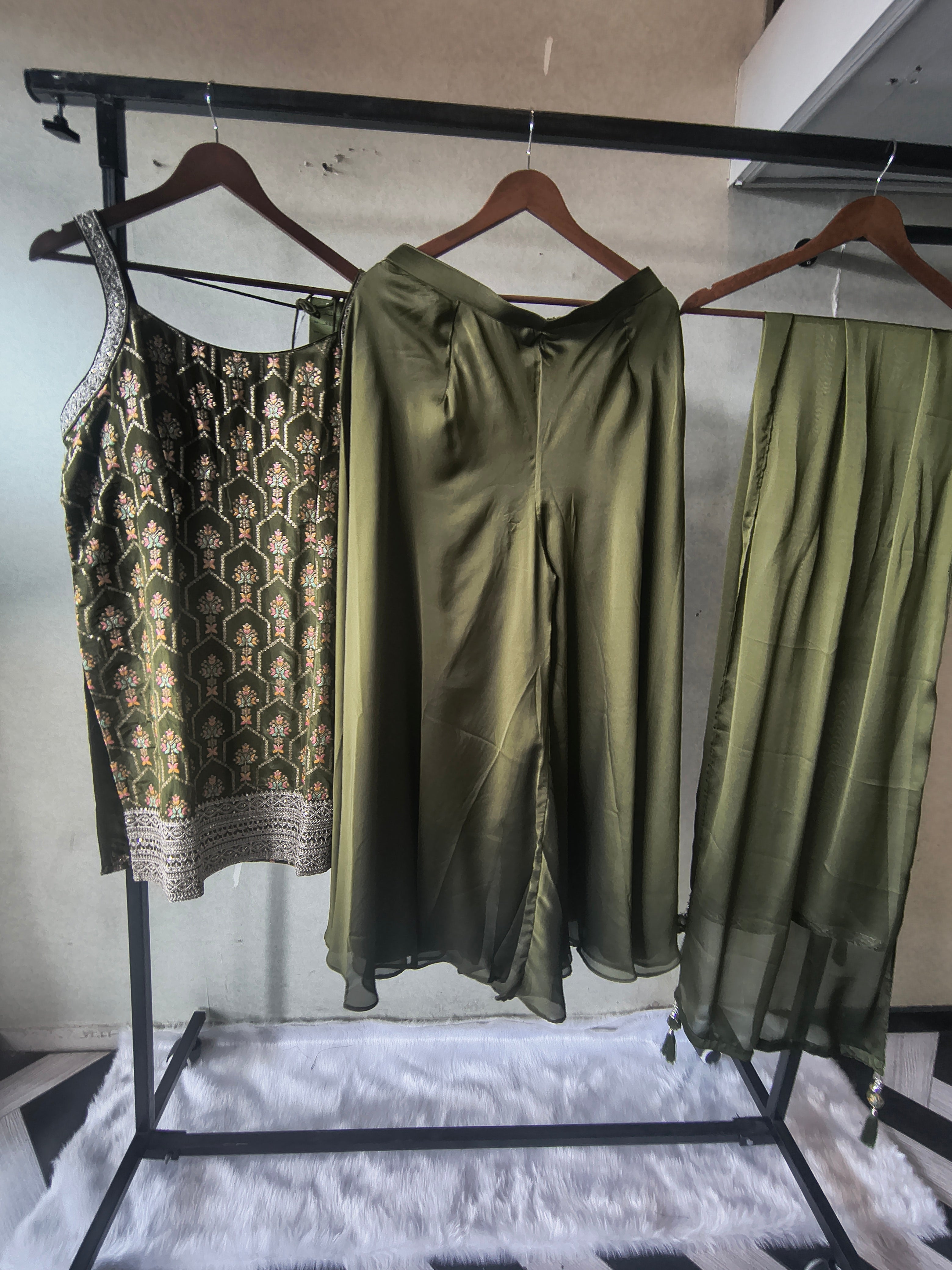 Image of Olive Green Printed Sharara Set with Embroidered Border & Dupatta – Premium 3 Piece Festive Ensemble