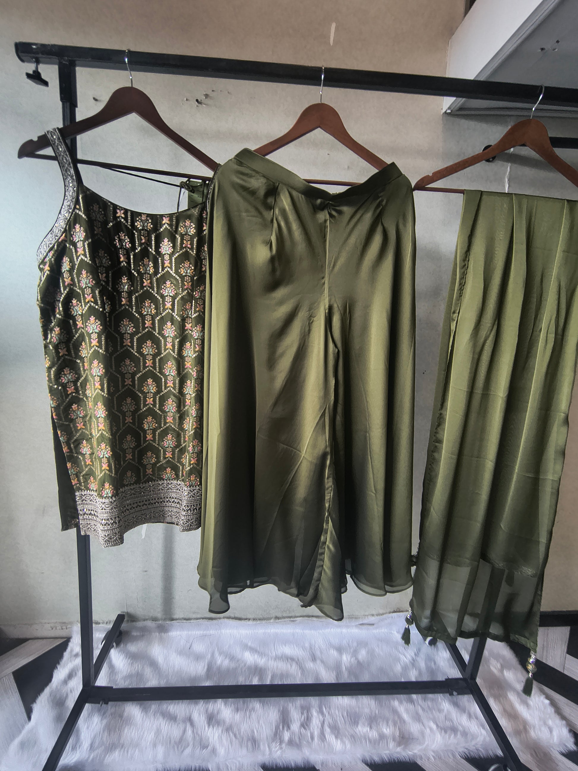 Olive Green Printed Sharara Set with Embroidered Border & Dupatta – Premium 3 Piece Festive Ensemble
