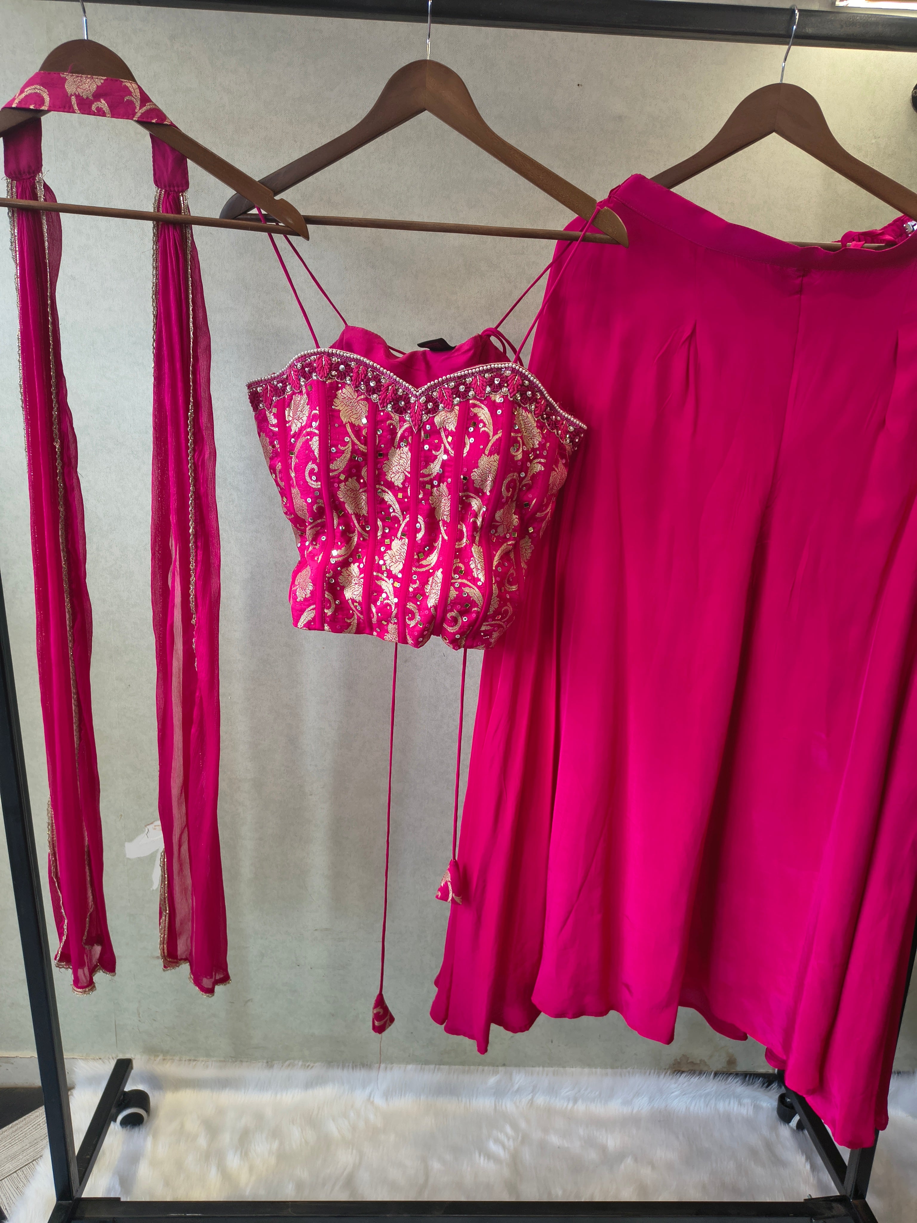 Image of Luxury Rani Pink Corset Blouse with Flared Palazzo & Embellished Choker Dupatta – 3 Piece Designer Indo-Western Set