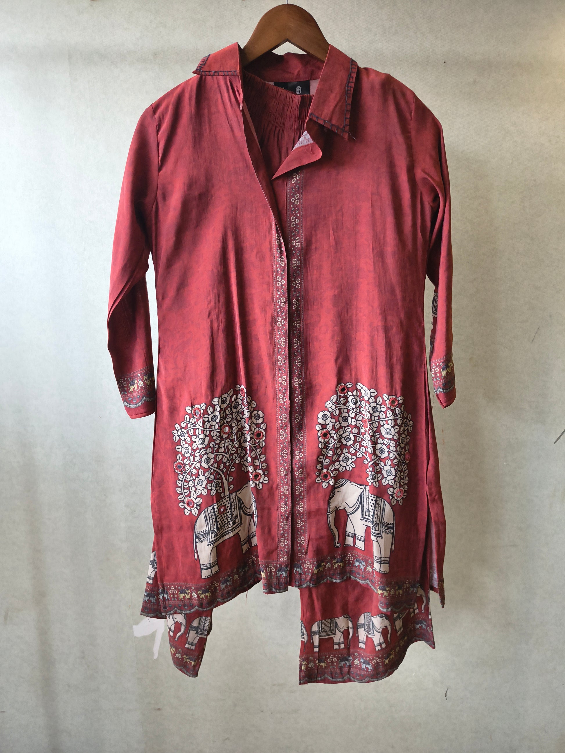 Rust Red Elephant Print Designer Co-Ord Set with Asymmetrical Hem