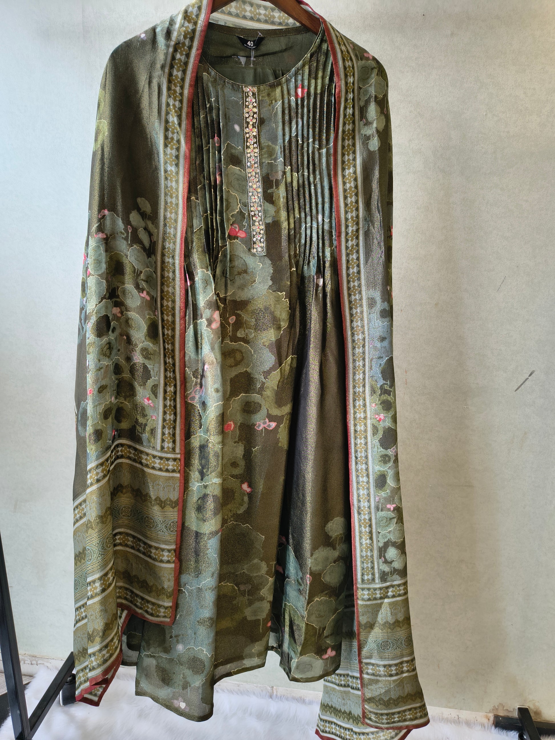 Premium Olive Green Abstract Printed A-Line Kurta Set with Dupatta