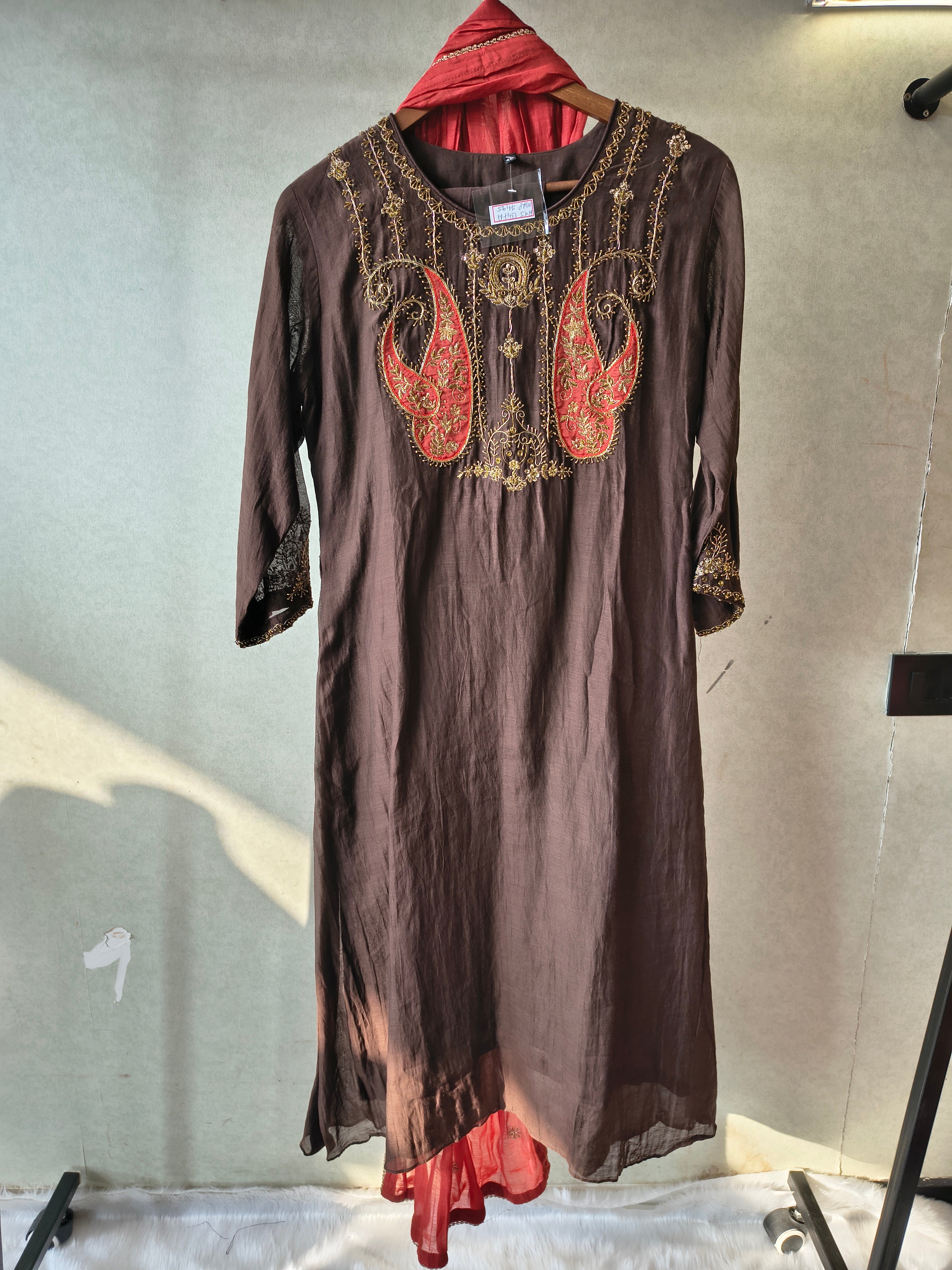 Image of Midnight Black Embroidered Straight Kurta Set with Statement Paisley Yoke, Contrast Crimson Dupatta & Premium 3 Piece Ethnic Ensemble