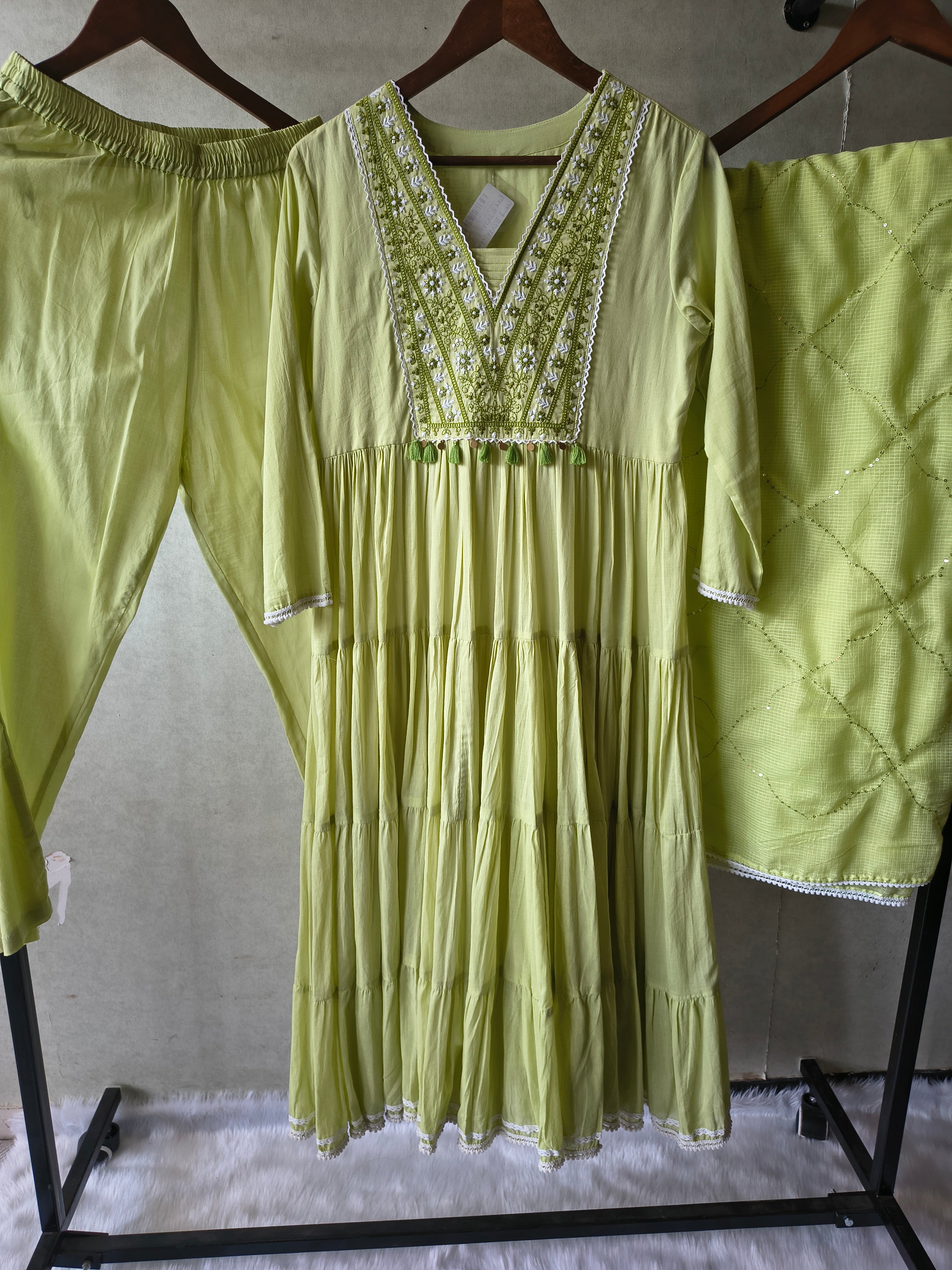 Image of Lime Green Cotton Tiered Kurta Set with Embroidered Yoke & Quilted Dupatta