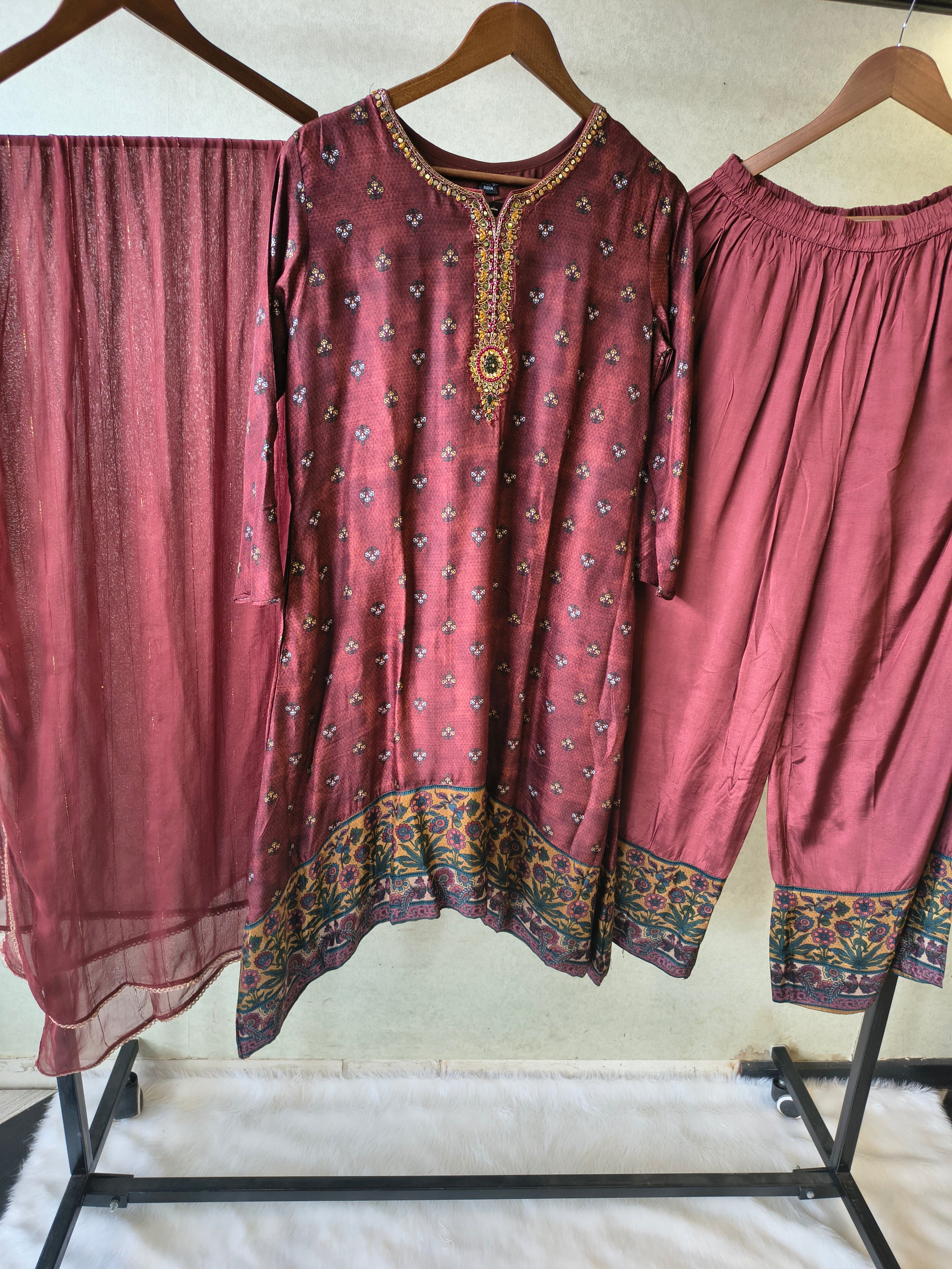 Image of Premium Wine Floral Border Kurta with Straight Pants & Shimmer Dupatta Set