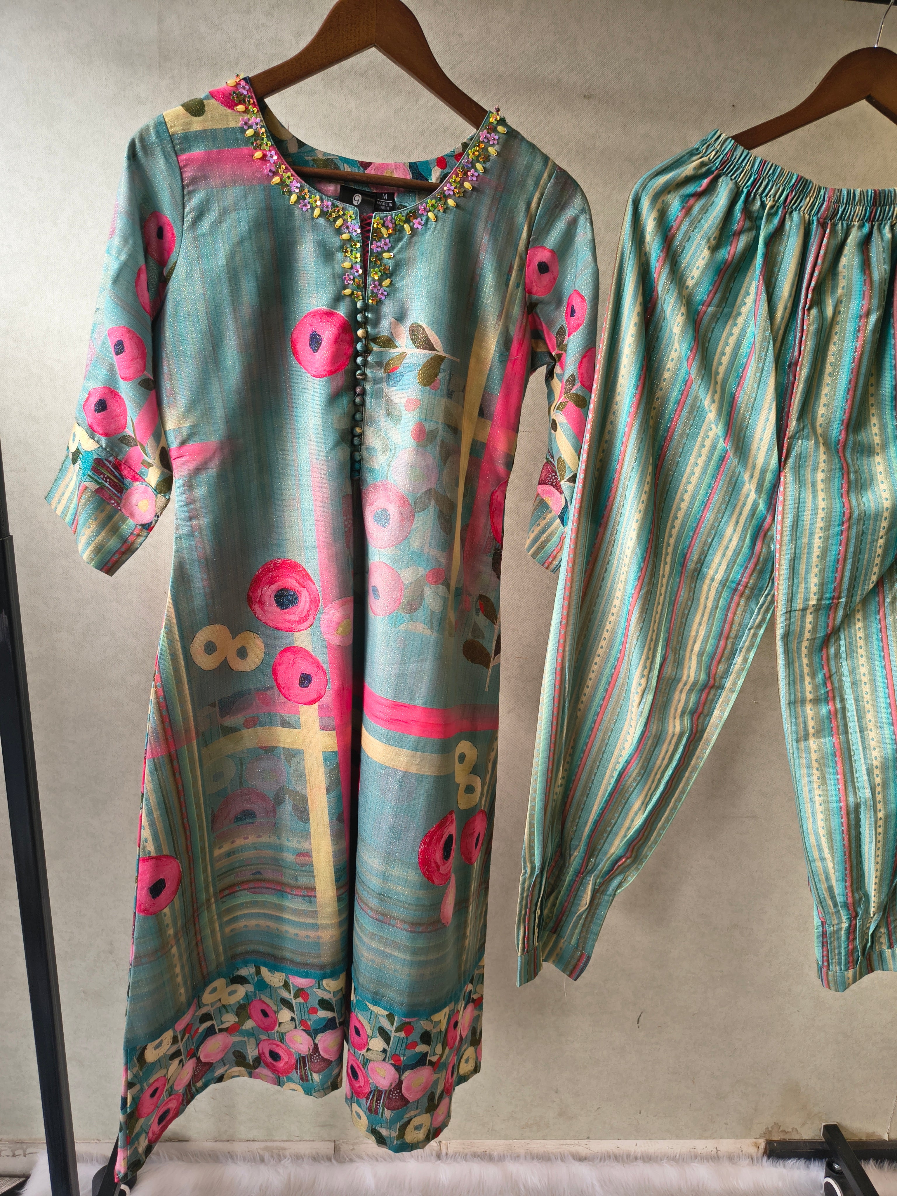 Image of Premium Aqua Blue Artistic Printed Kurta with Striped Pants Co-Ord Set