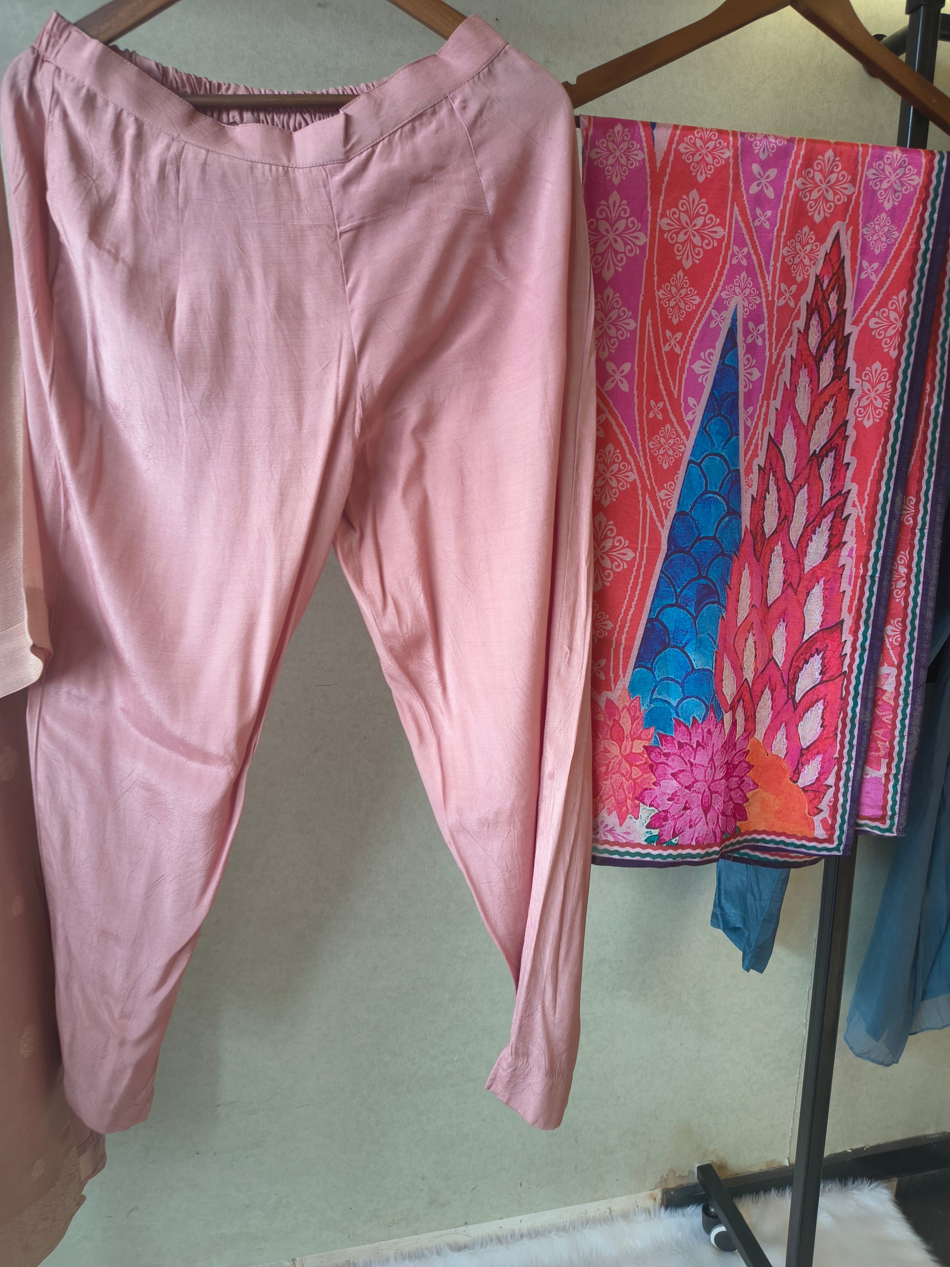 Premium Blush Pink Embroidered Straight Kurta with Cigarette Pants & Designer Printed Dupatta Set