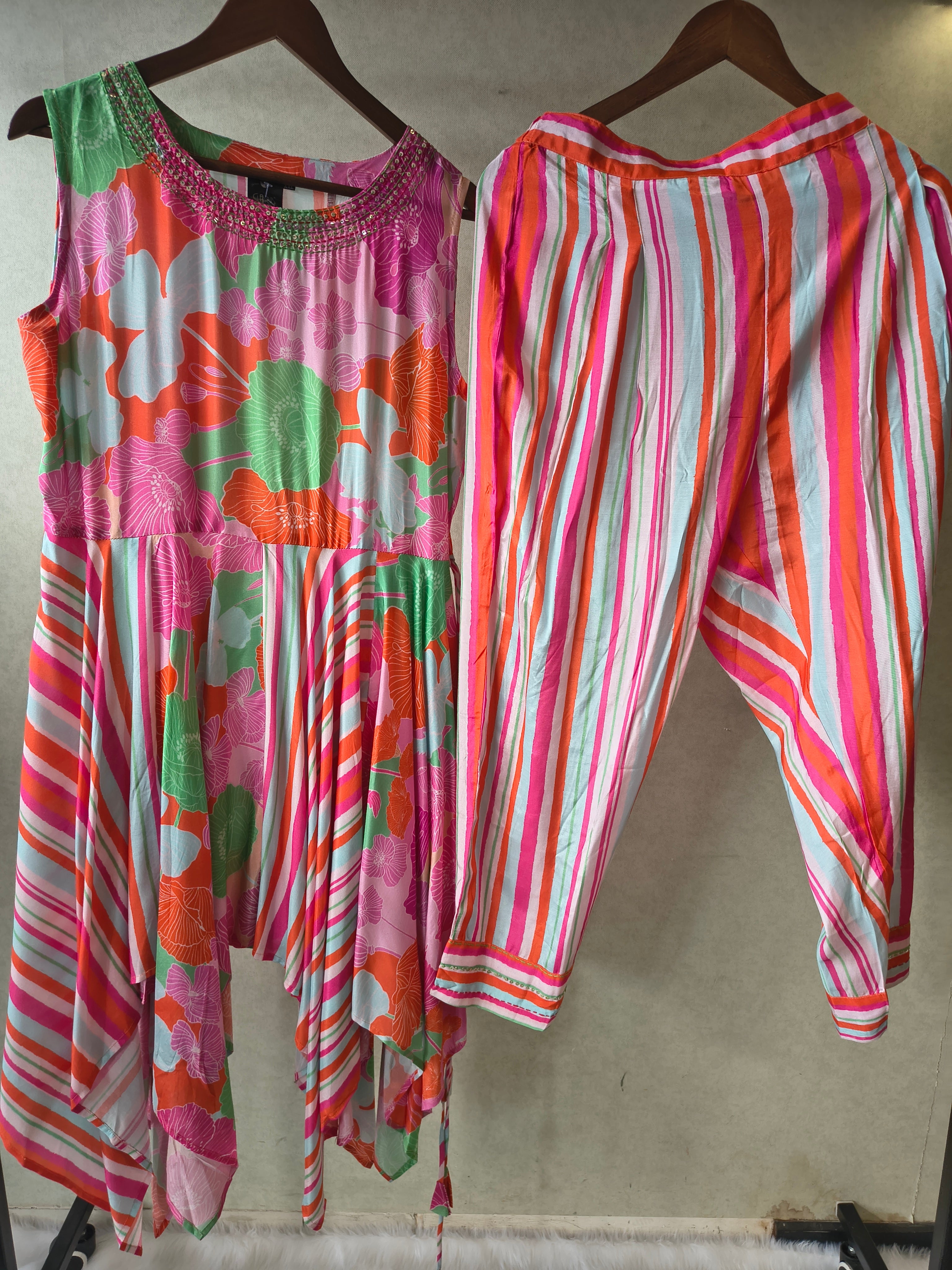Image of Premium Tropical Floral Handkerchief Kurta with Striped Tapered Pants Co-Ord Set