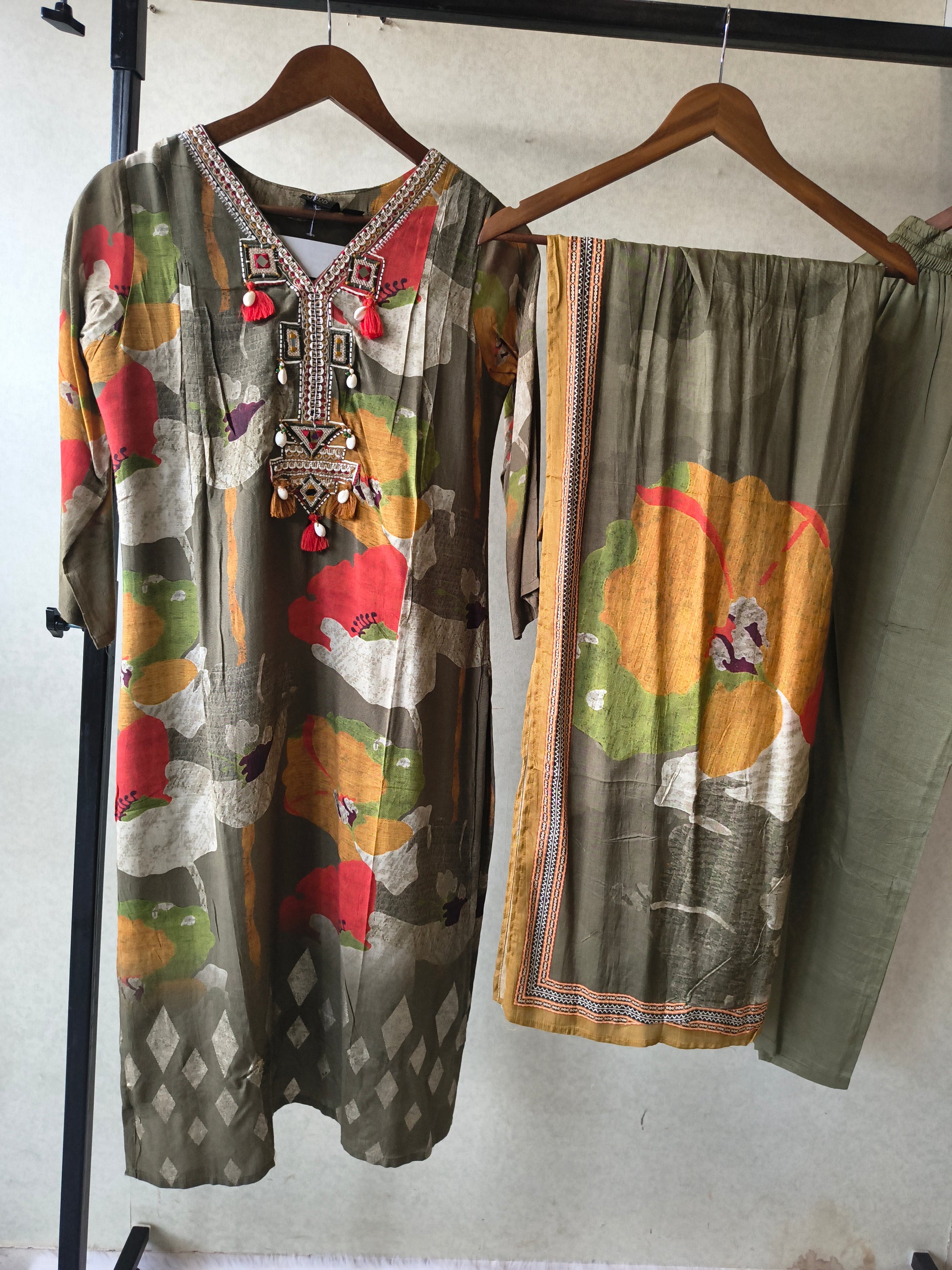 Premium Olive Green Floral Printed Kurta Set with Embellished Neckline, Solid Pants & Printed Dupatta