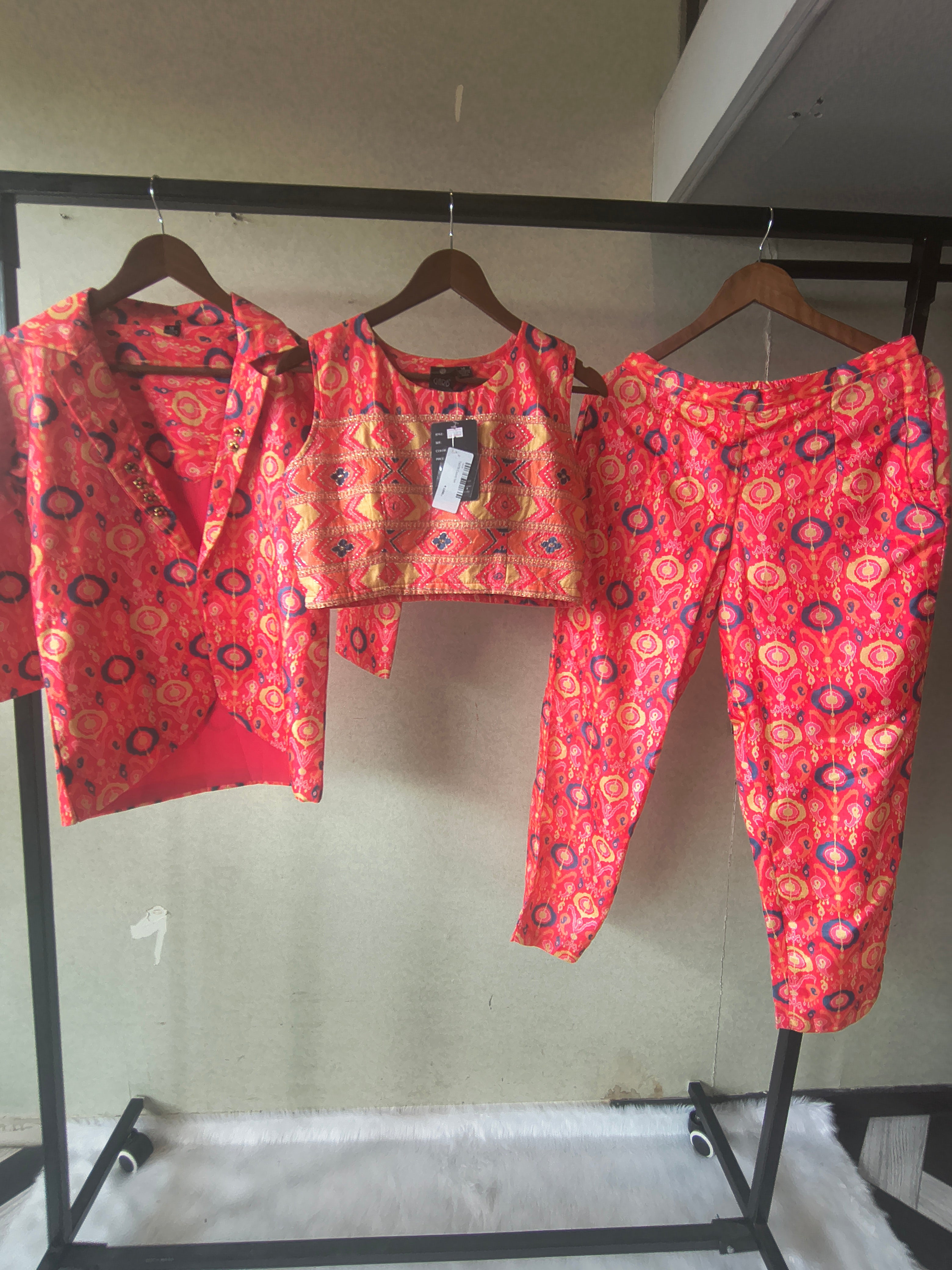 Image of Premium Indo-Western Printed Co-ord Set with Embroidered Crop Top, Printed Shirt & Straight Pants