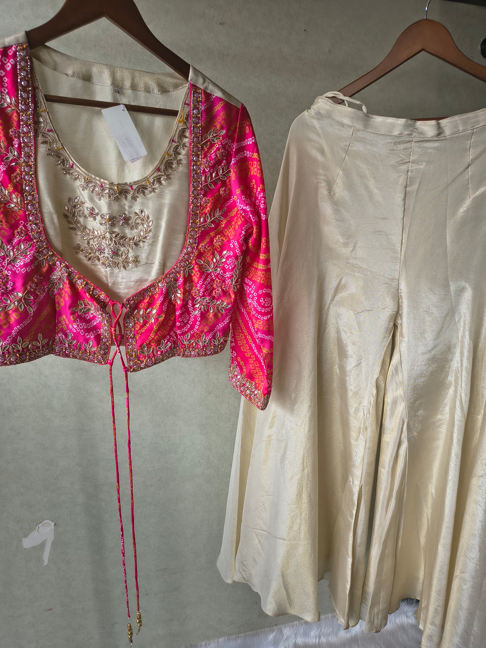 Premium Hot Pink Bandhani Print Embroidered Jacket Blouse with Ivory Flared Palazzo Set