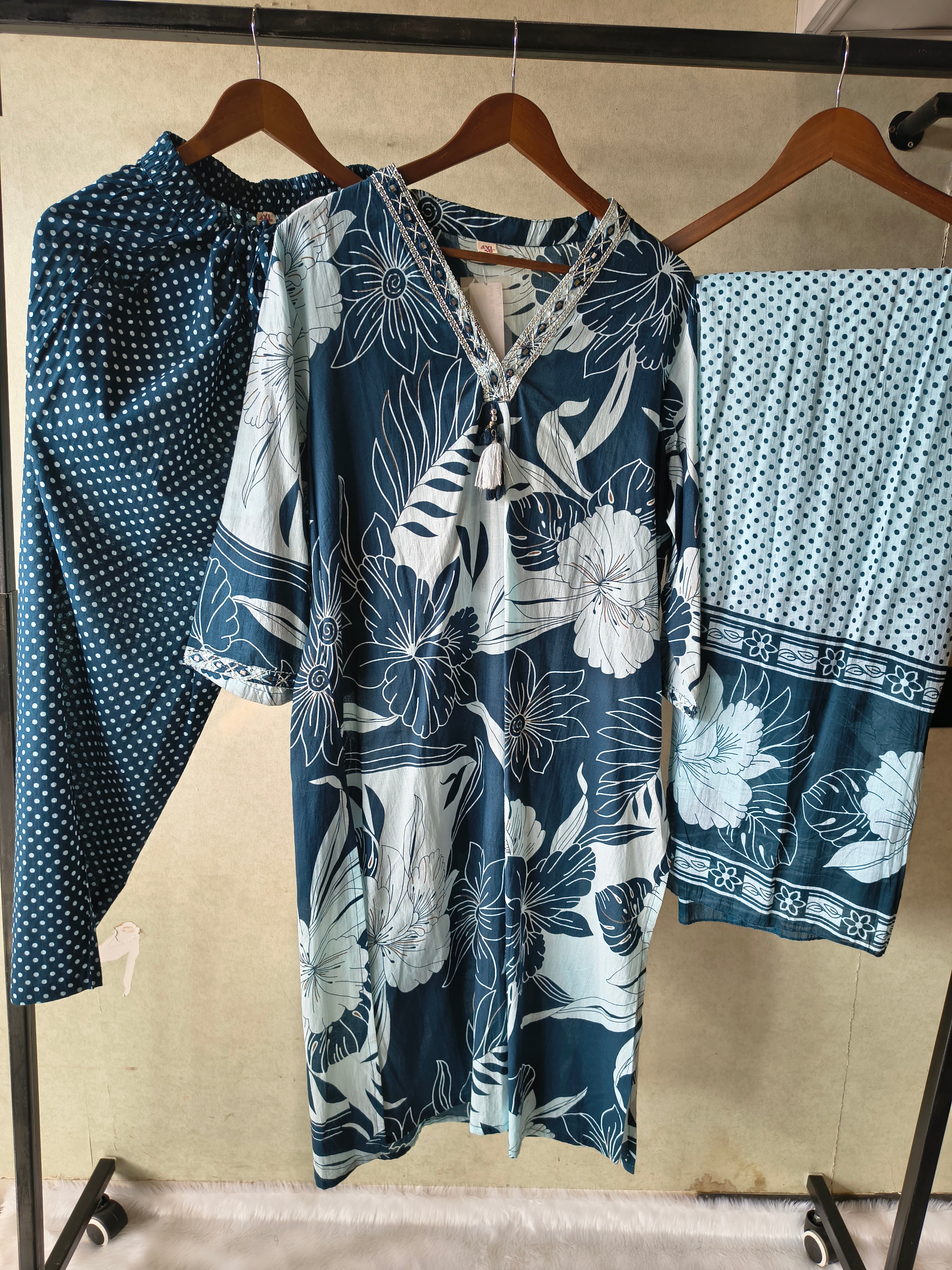 Image of Premium Navy Blue Floral Printed Kurta Set with Polka Dot Pants & Printed Dupatta