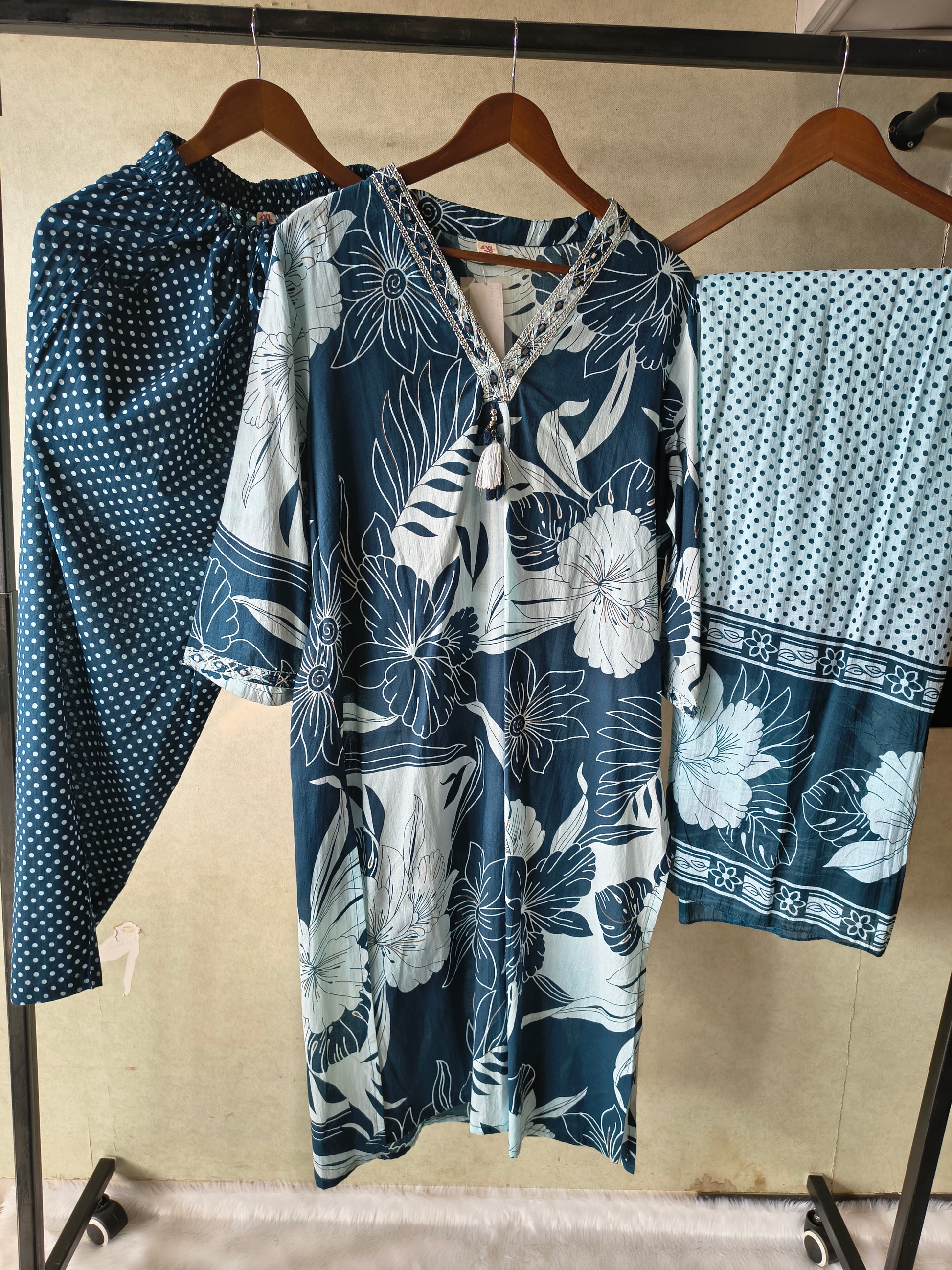 Premium Navy Blue Floral Printed Kurta Set with Polka Dot Pants & Printed Dupatta