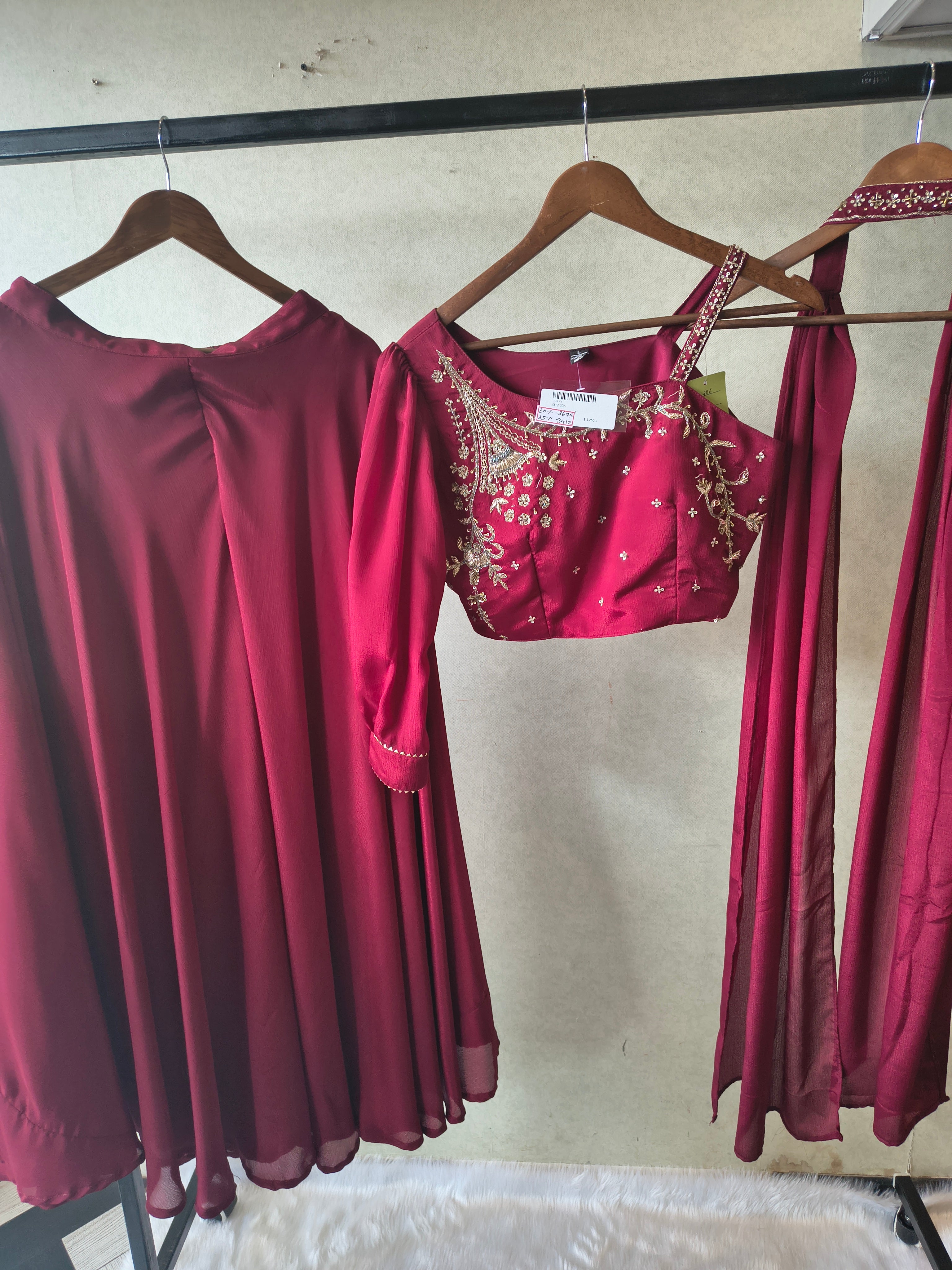 Image of Premium Wine Satin Silk 3-Piece Lehenga Set with Hand Embroidered One-Shoulder Blouse & Dupatta
