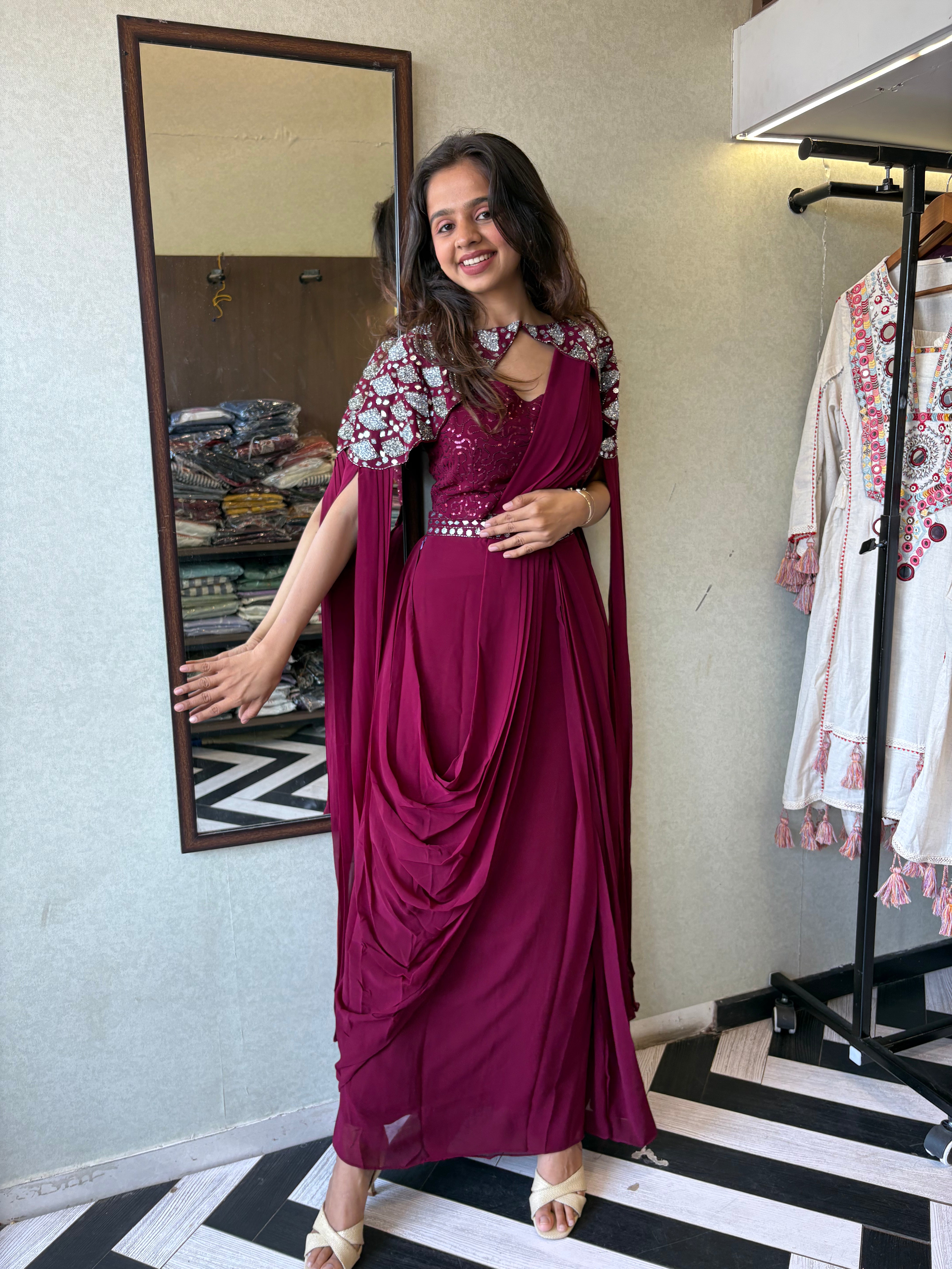 Image of Our Maroon Georgette 3-Piece Saree-Style Indo-Western Set, where classic charm meets modern flair.