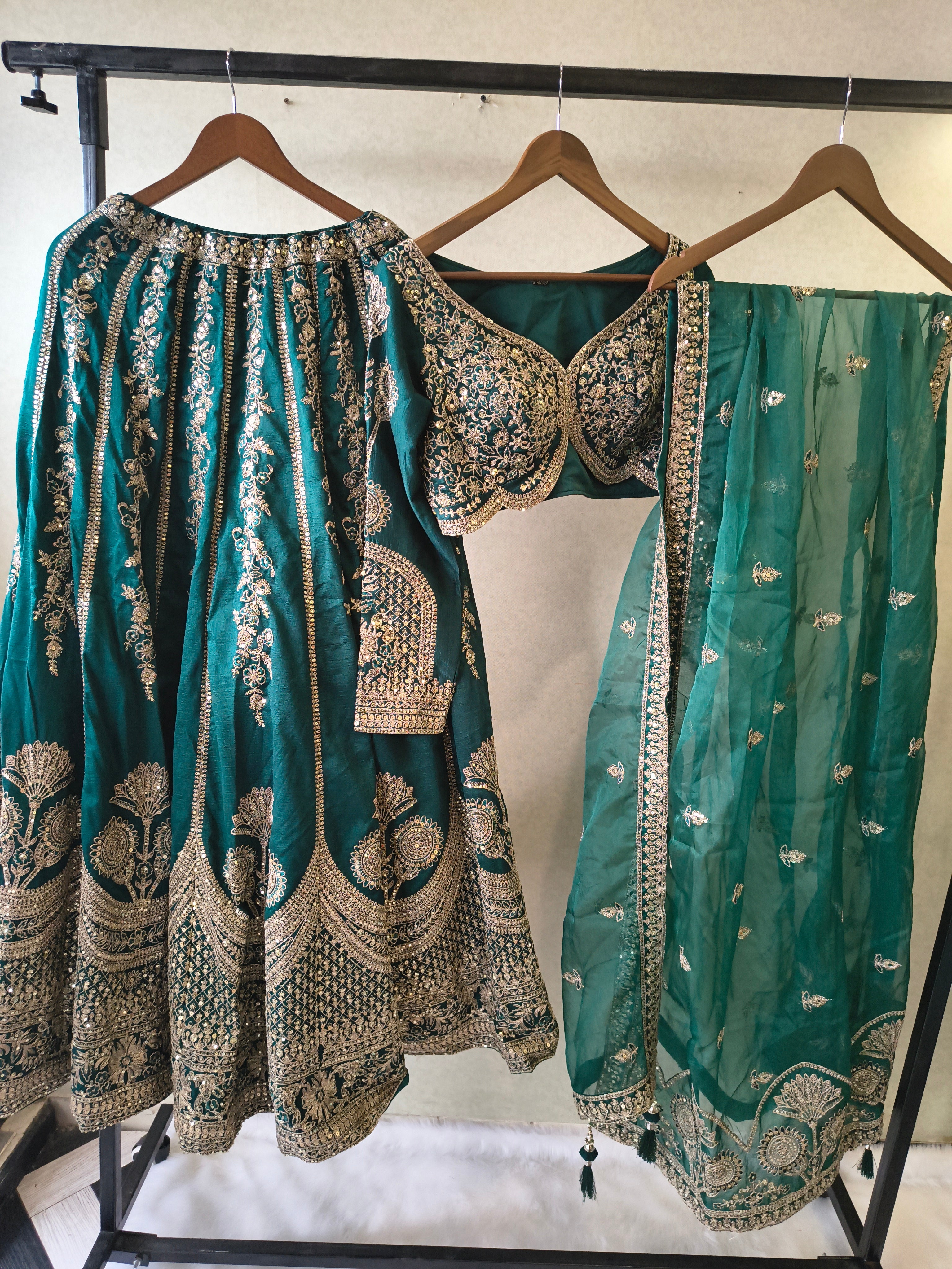 Image of Emerald Teal Heavy Embroidered Designer Lehenga Set with Bridal Blouse & Organza Dupatta | Premium Wedding Collection